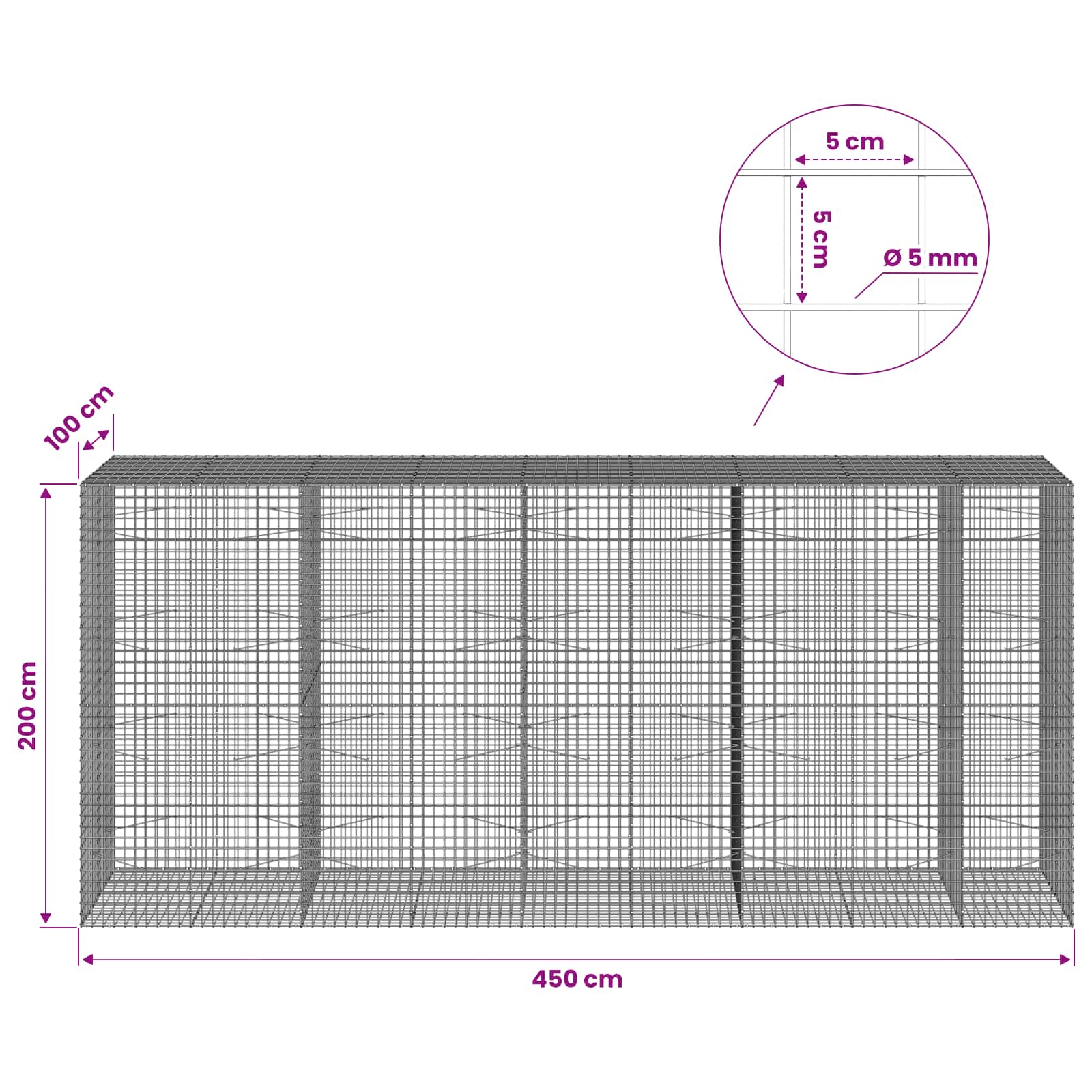 Gabion z žico 5 mm in mrežo 5x5 cm 450x100x200 cm