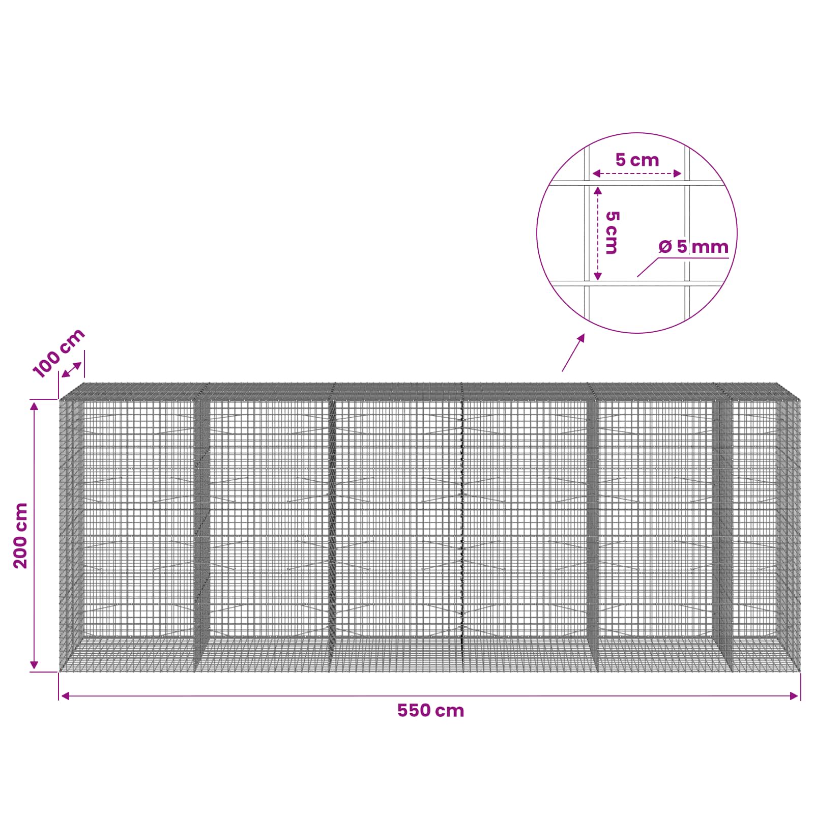 Gabion z žico 5 mm in mrežo 5x5 cm 550x100x200 cm