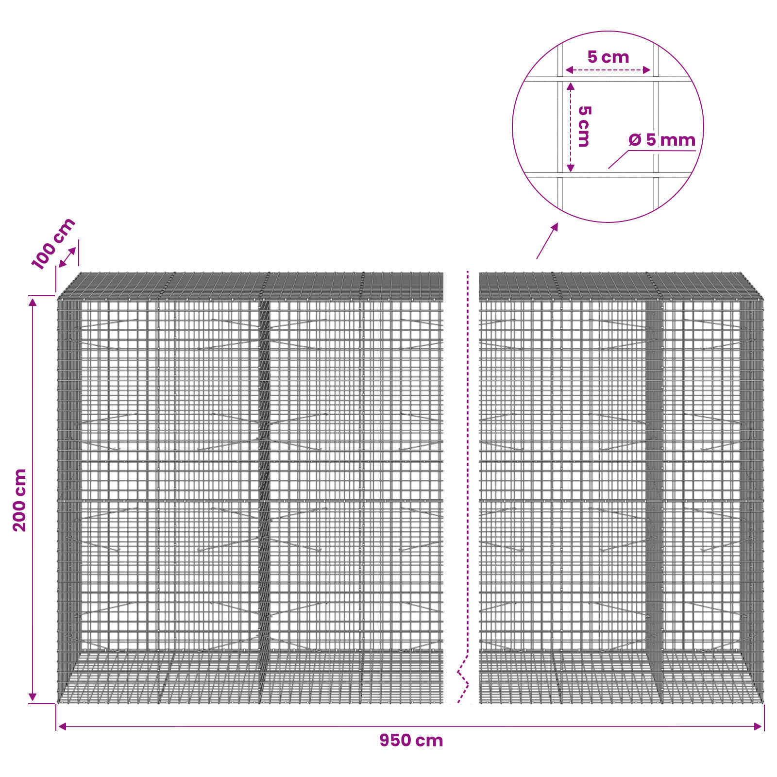 Gabion z žico 5 mm in mrežo 5x5 cm 950x100x200 cm