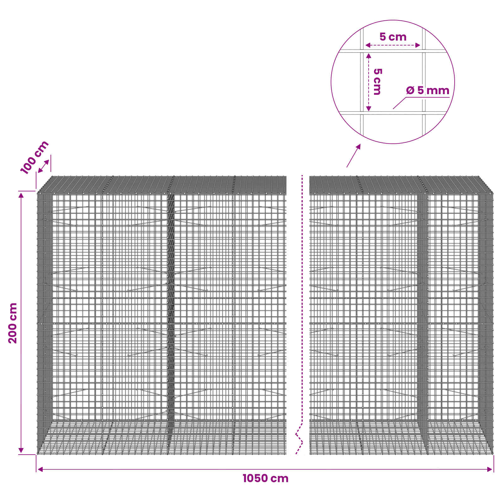 Gabion z žico 5 mm in mrežo 5x5 cm 1050x100x200 cm