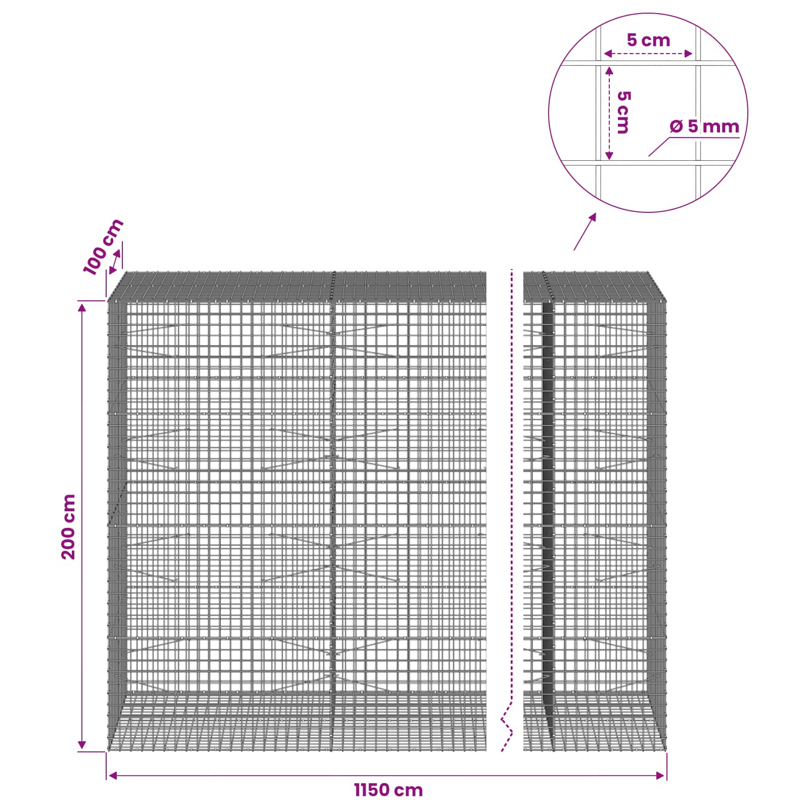 Gabion z žico 5 mm in mrežo 5x5 cm 1150x100x200 cm