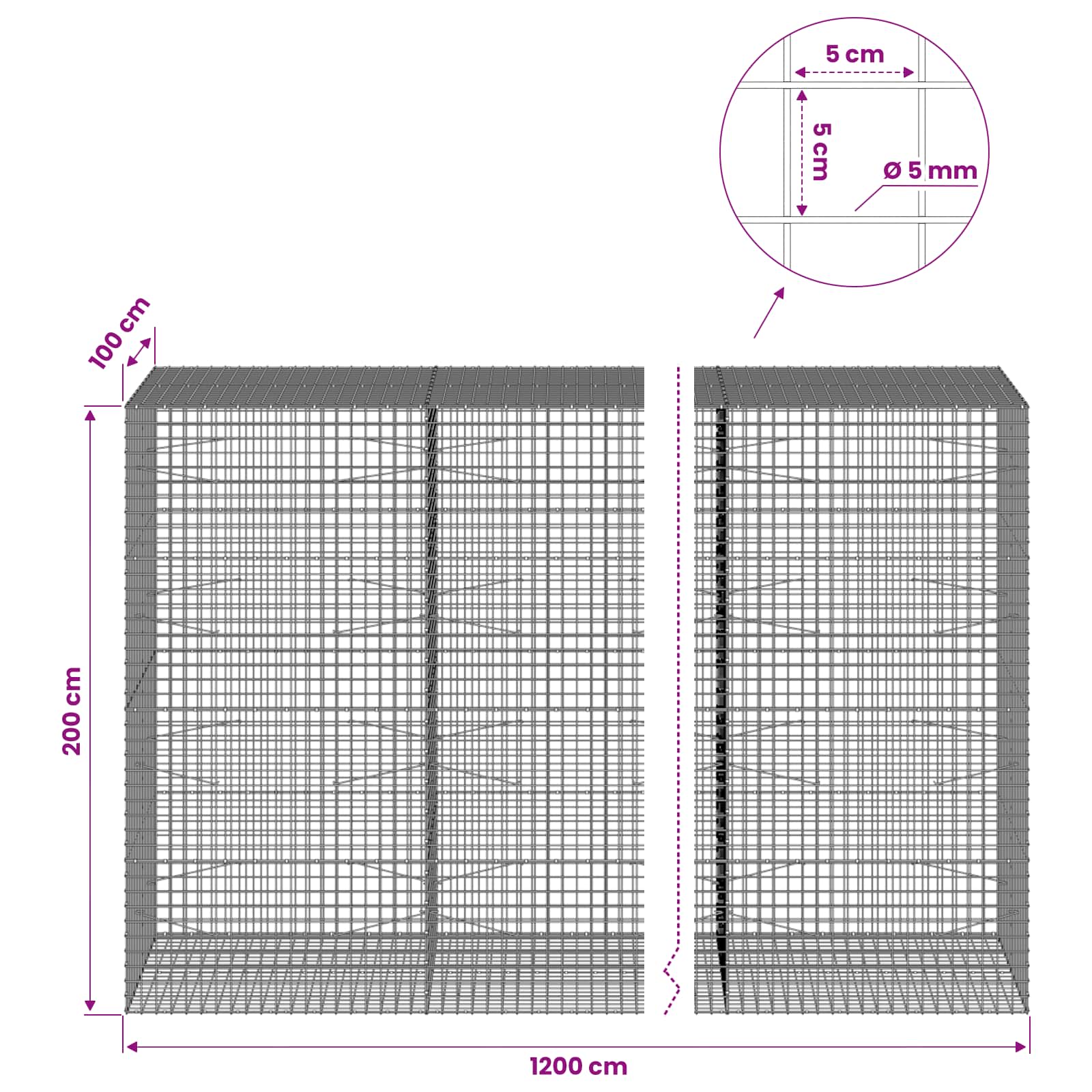 Gabion z žico 5 mm in mrežo 5x5 cm 1200x100x200 cm