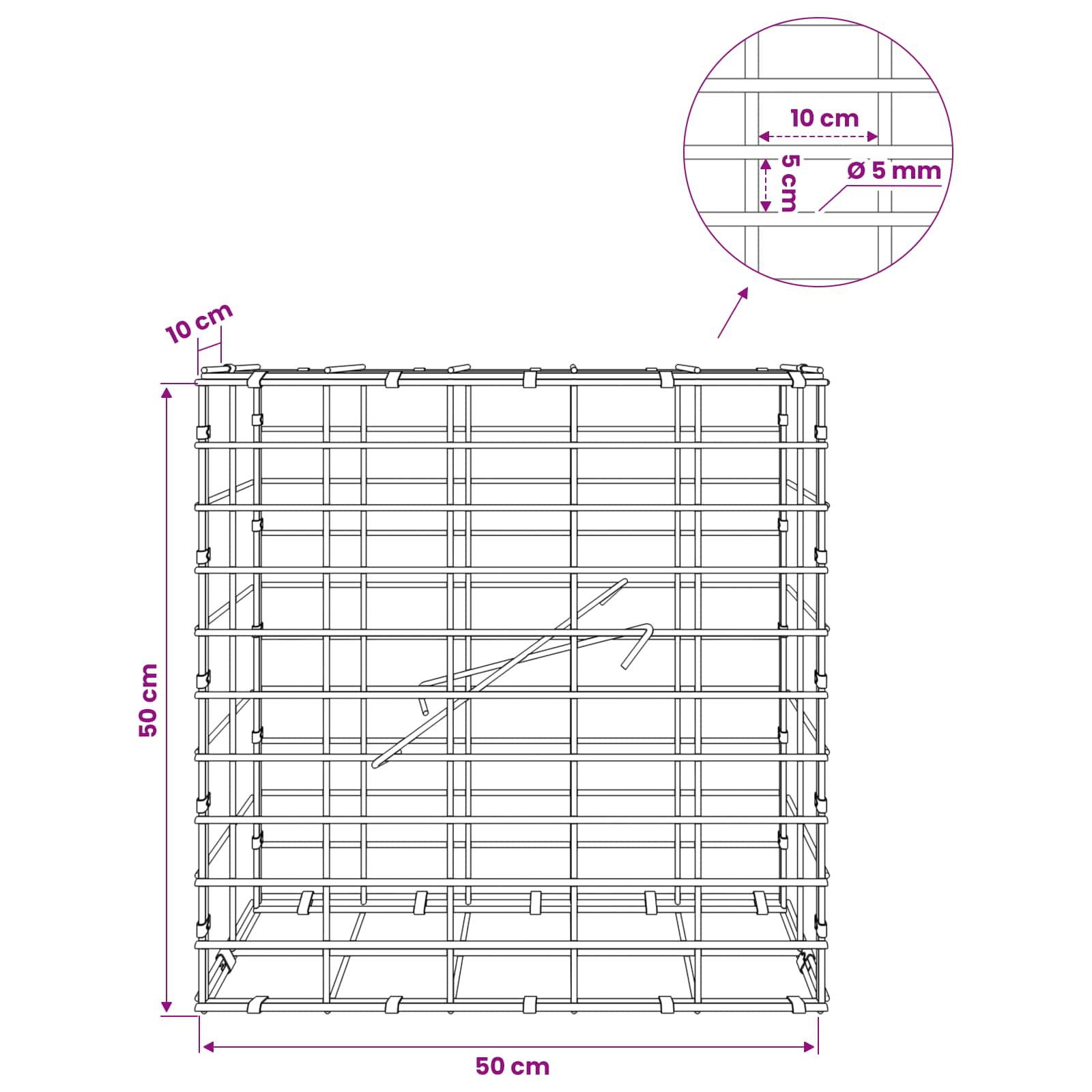 Gabion z žico 5 mm in mrežo 5x10 cm 50x10x50 cm Pocinkano jeklo