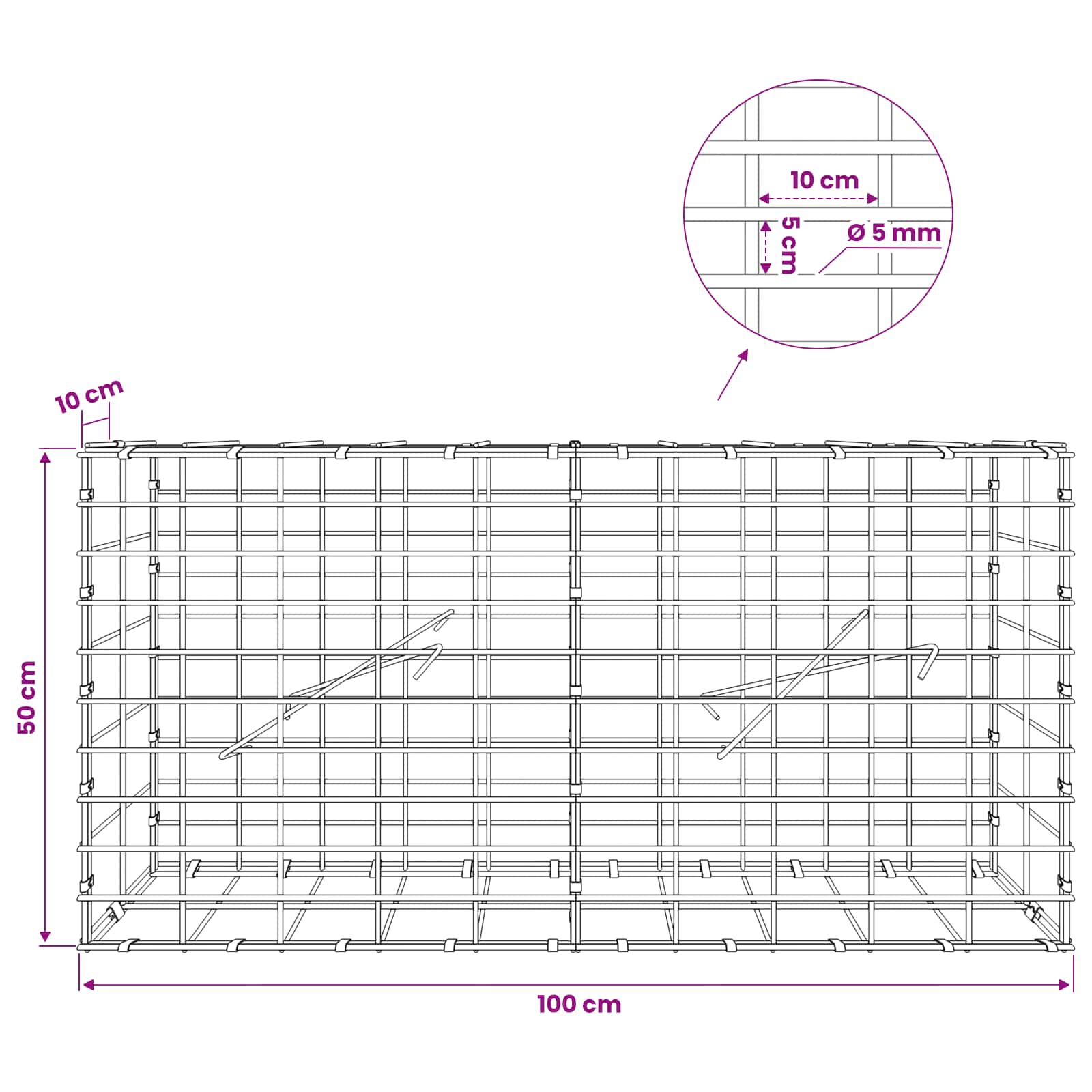 Gabion z žico 5 mm in mrežo 5x10 cm 100x10x50 cm