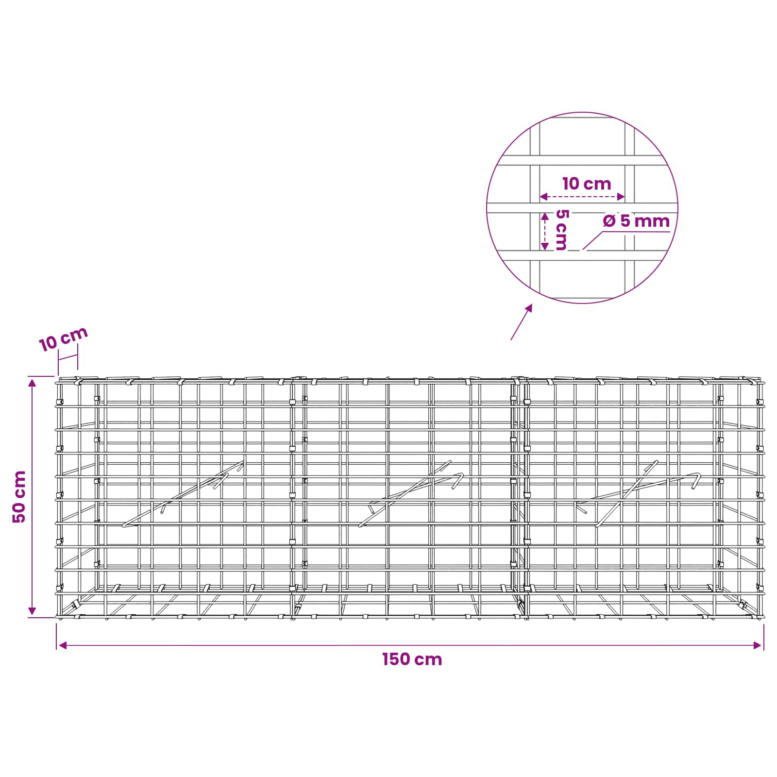 Gabion z žico 5 mm in mrežo 5x10 cm 150x10x50 cm