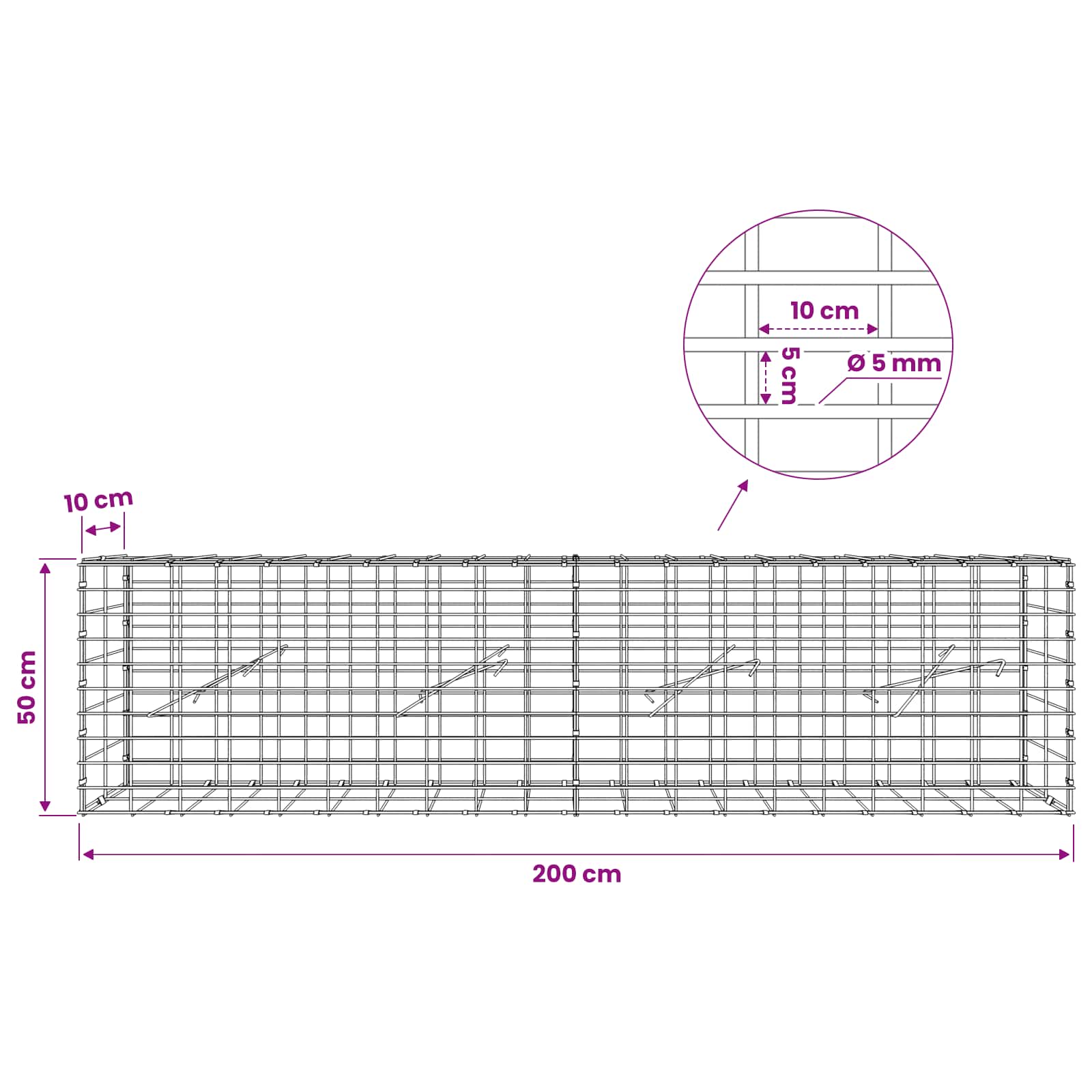Gabion z žico 5 mm in mrežo 5x10 cm 200x10x50 cm