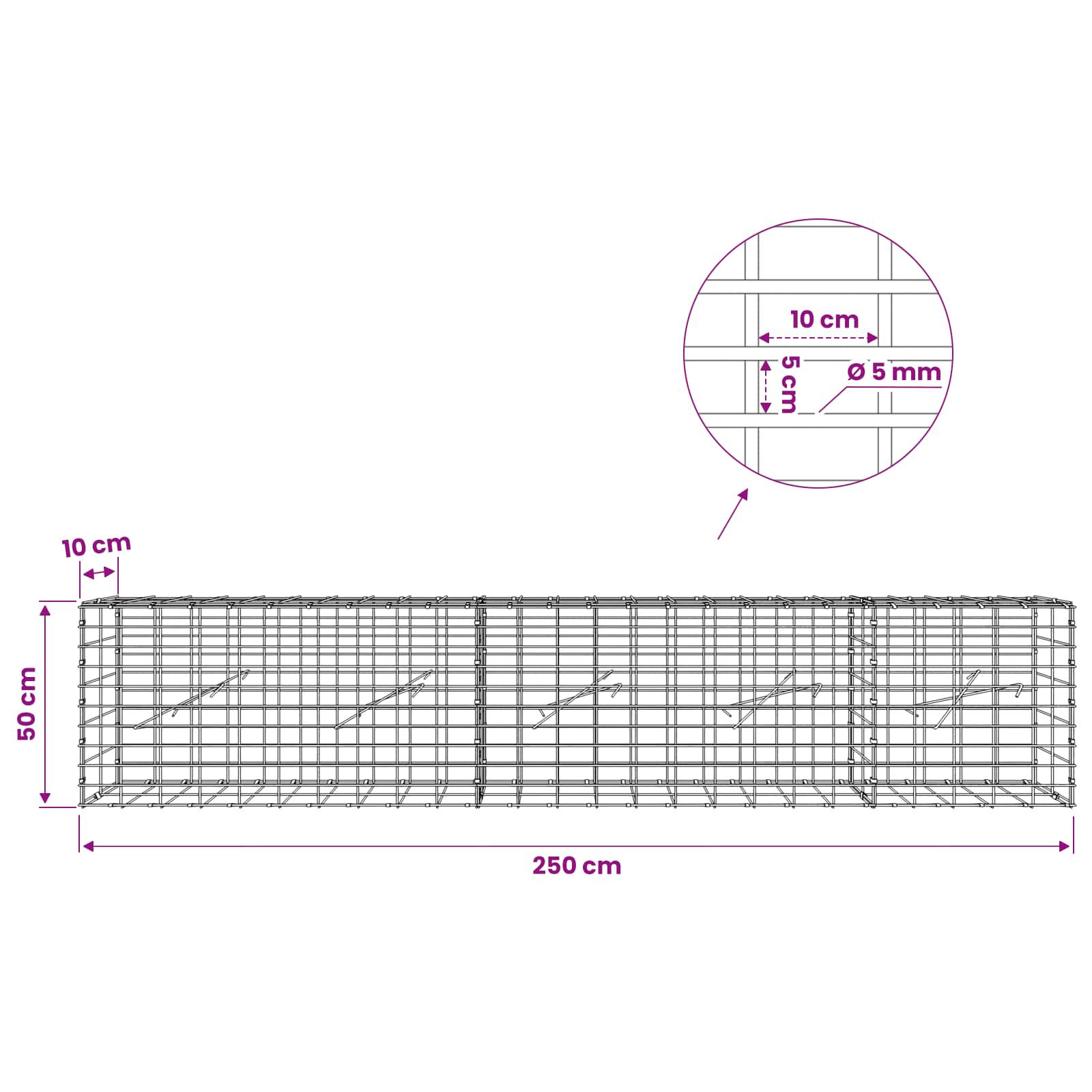 Gabion z žico 5 mm in mrežo 5x10 cm 250x10x50 cm