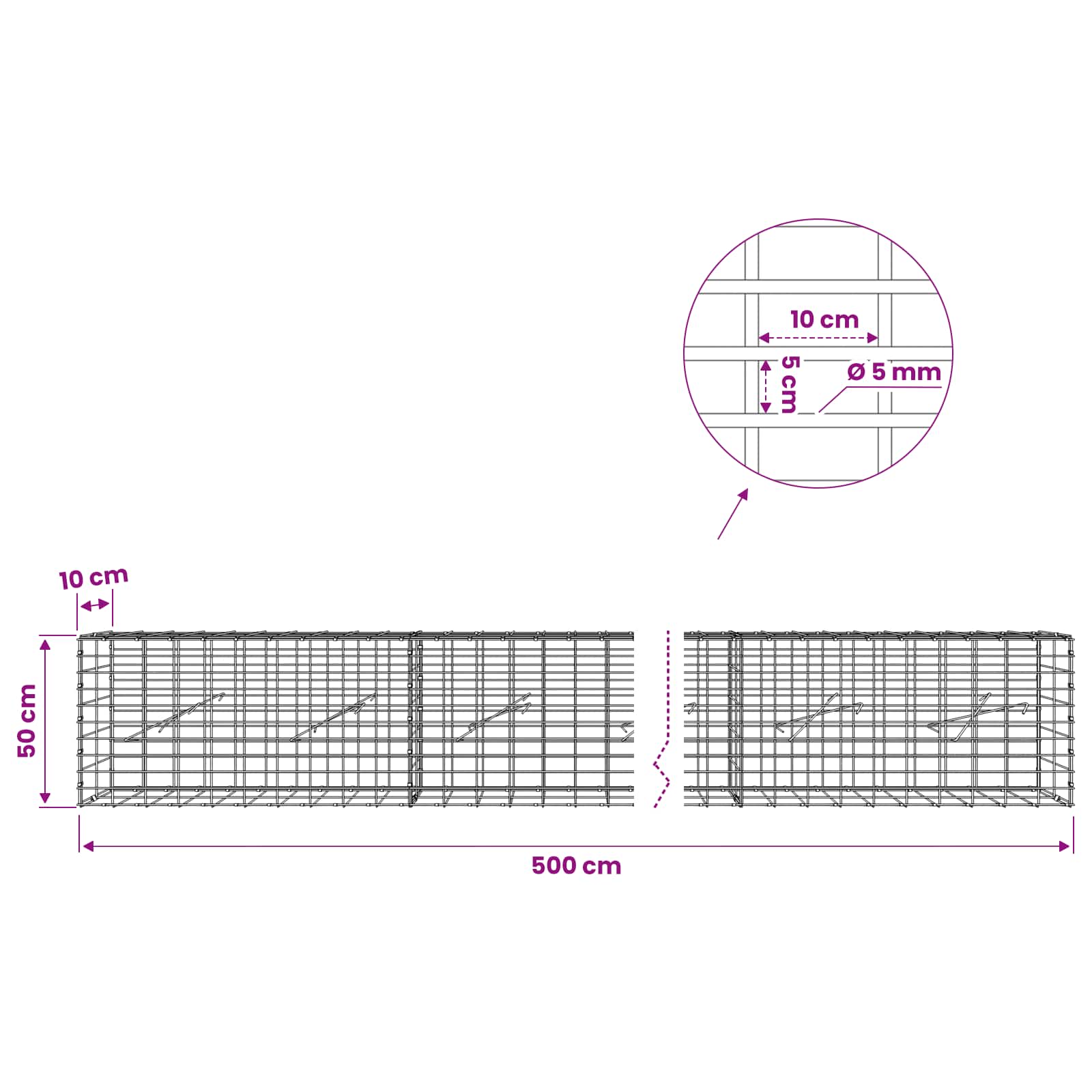 Gabion z žico 5 mm in mrežo 5x10 cm 500x10x50 cm
