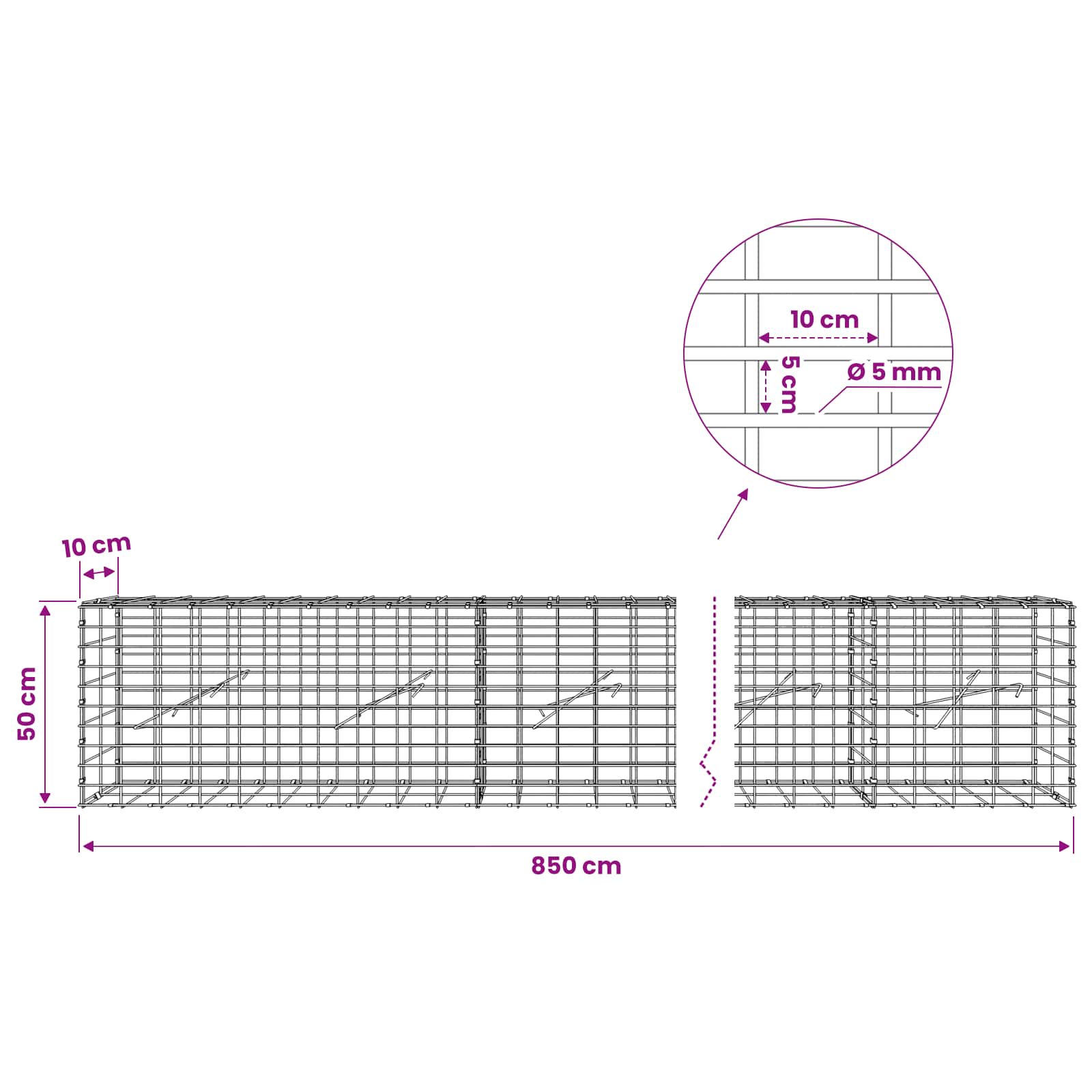 Gabion z žico 5 mm in mrežo 5x10 cm 850x10x50 cm