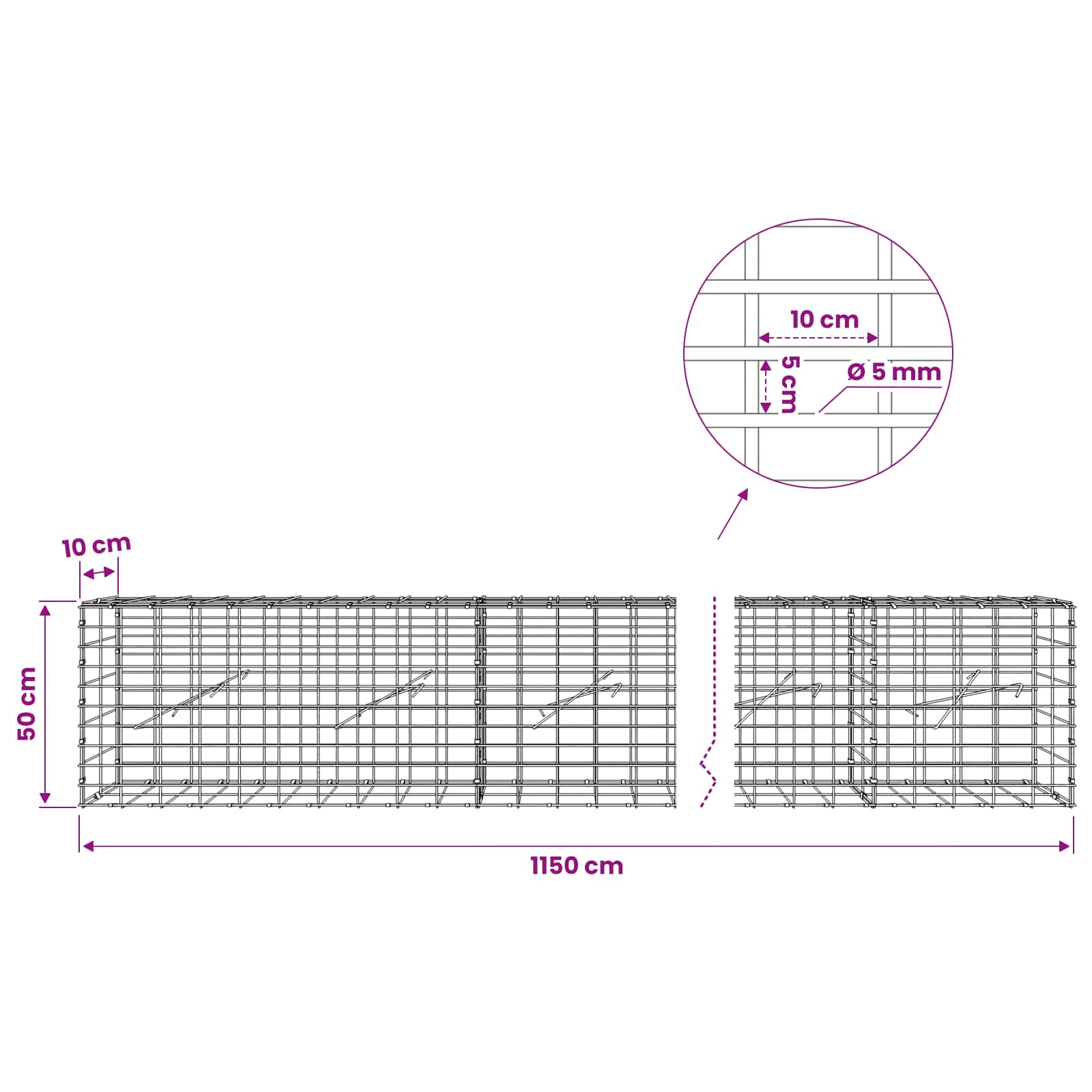 Gabion z žico 5 mm in mrežo 5x10 cm 1150x10x50 cm