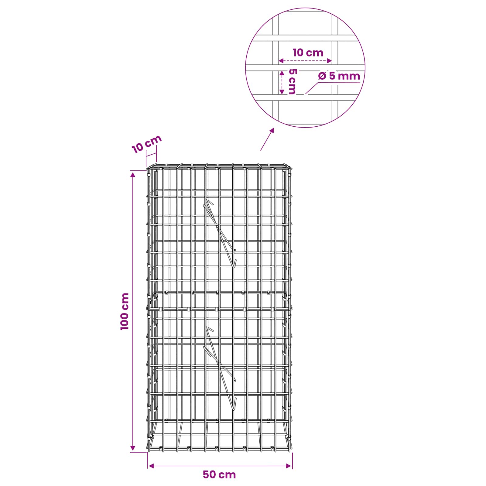 Gabion z žico 5 mm in mrežo 5x10 cm 50x10x100 cm