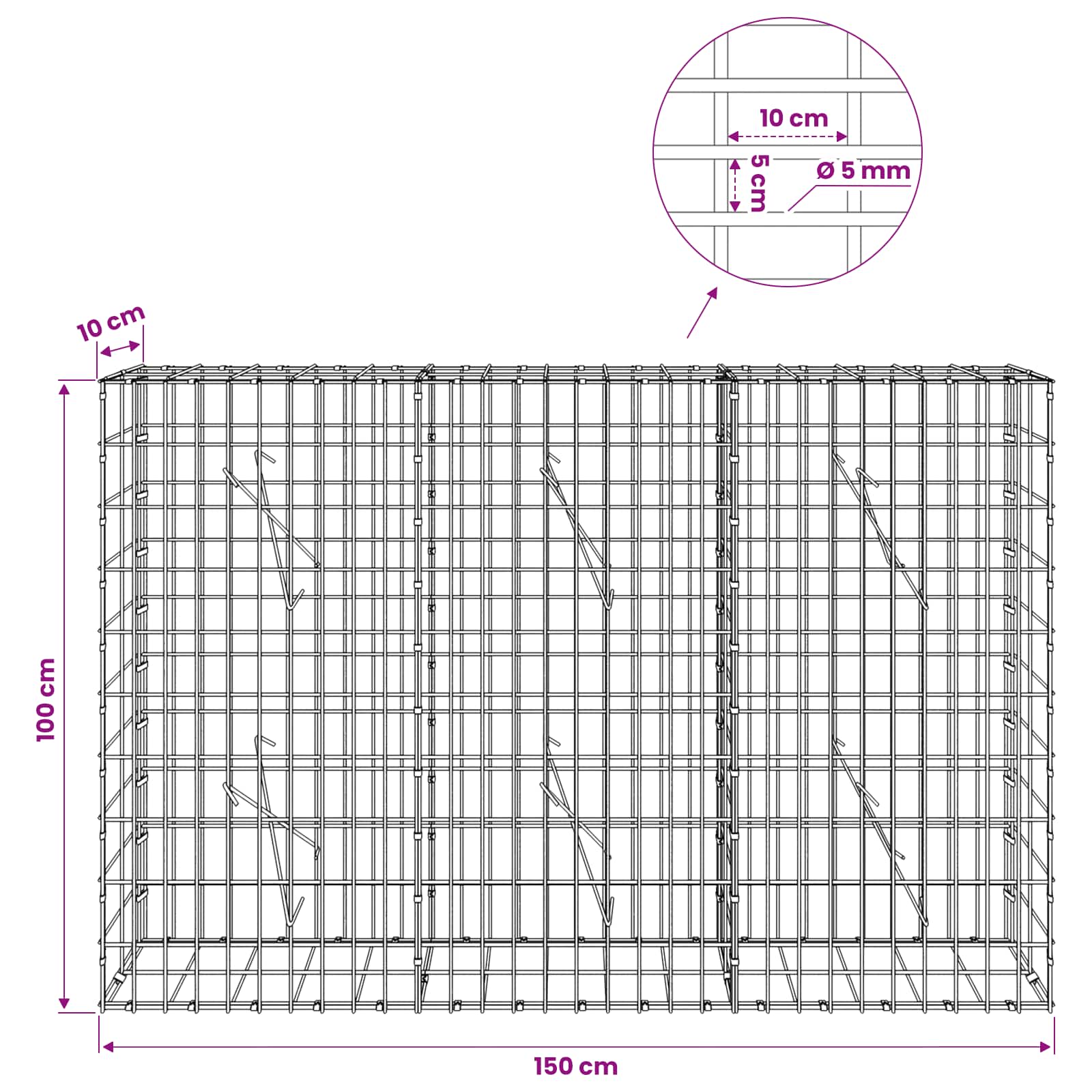 Gabion z žico 5 mm in mrežo 5x10 cm 150x10x100 cm