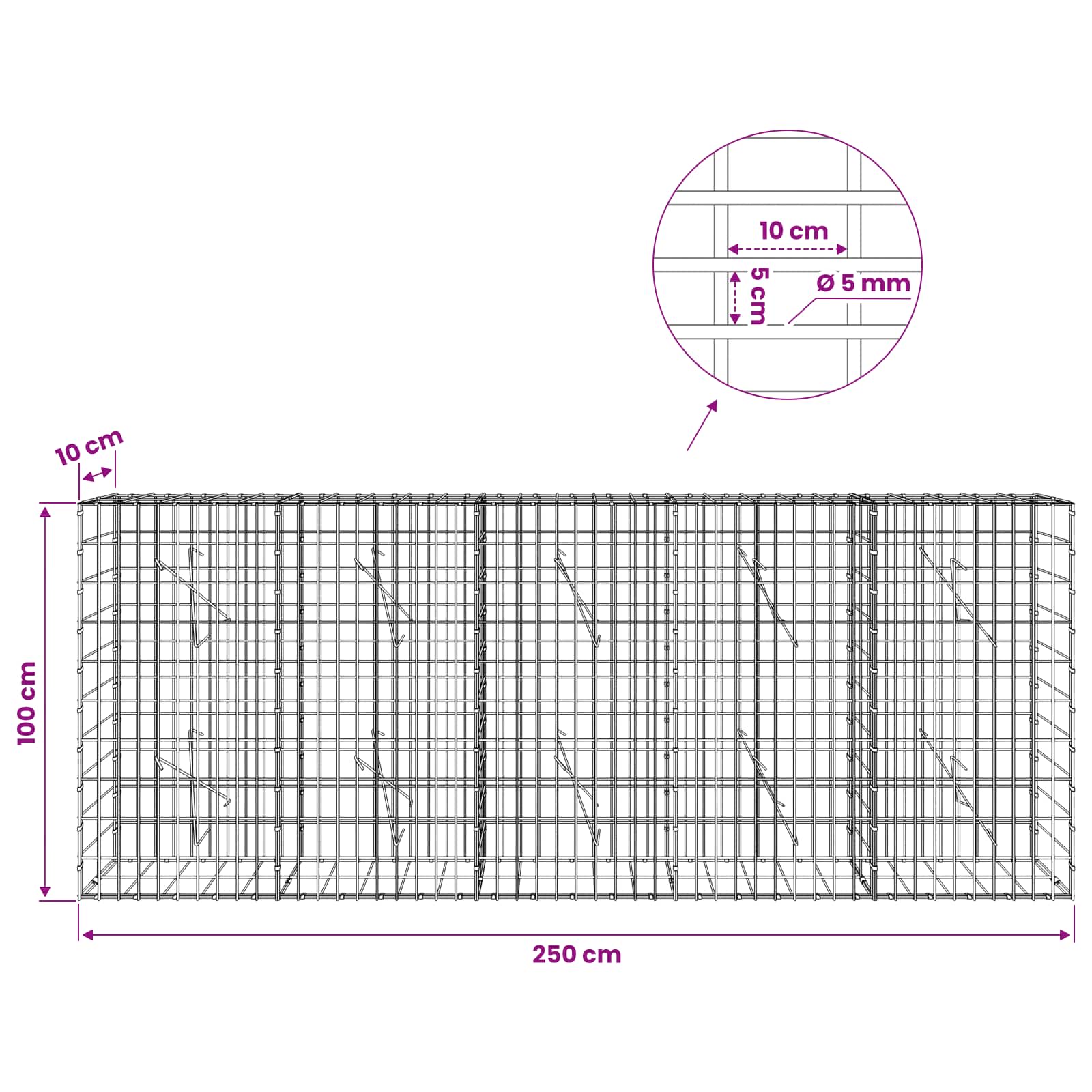 Gabion z žico 5 mm in mrežo 5x10 cm 250x10x100 cm