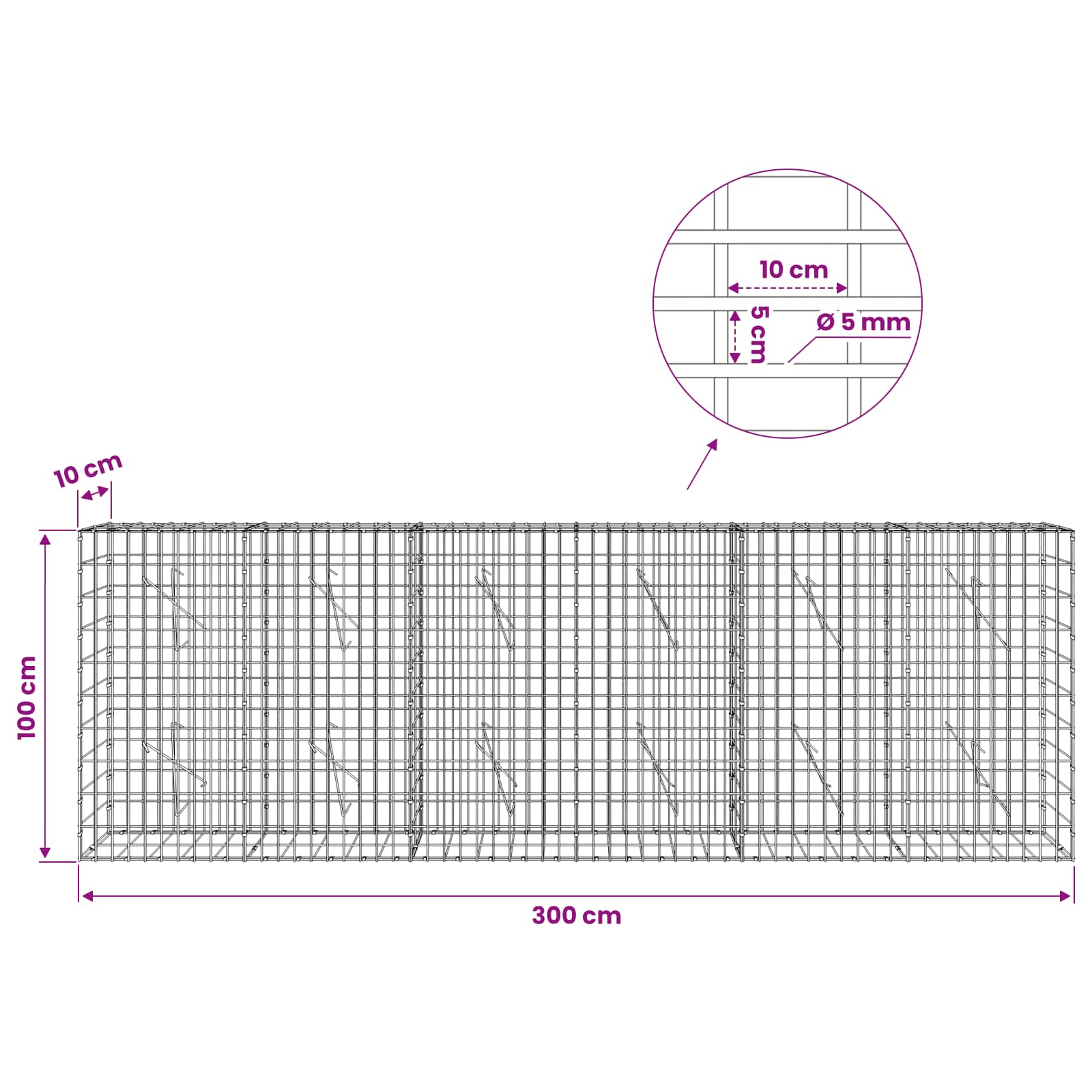 Gabion z žico 5 mm in mrežo 5x10 cm 300x10x100 cm