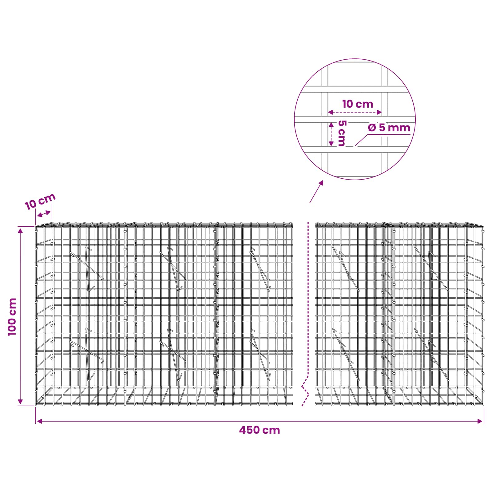 Gabion z žico 5 mm in mrežo 5x10 cm 450x10x100 cm