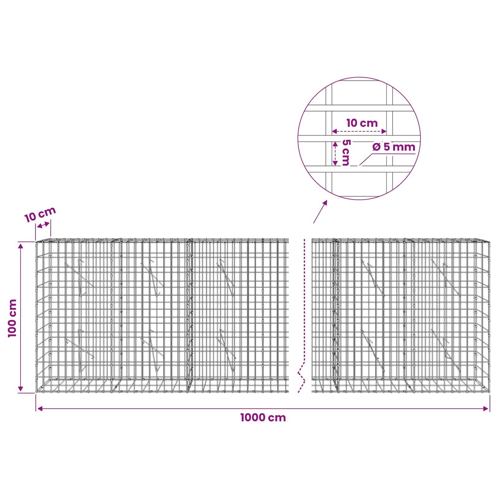 Gabion z žico 5 mm in mrežo 5x10 cm 1000x10x100 cm