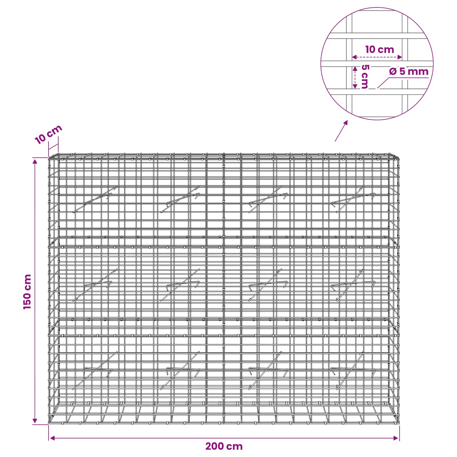 Gabion z žico 5 mm in mrežo 5x10 cm 200x10x150 cm