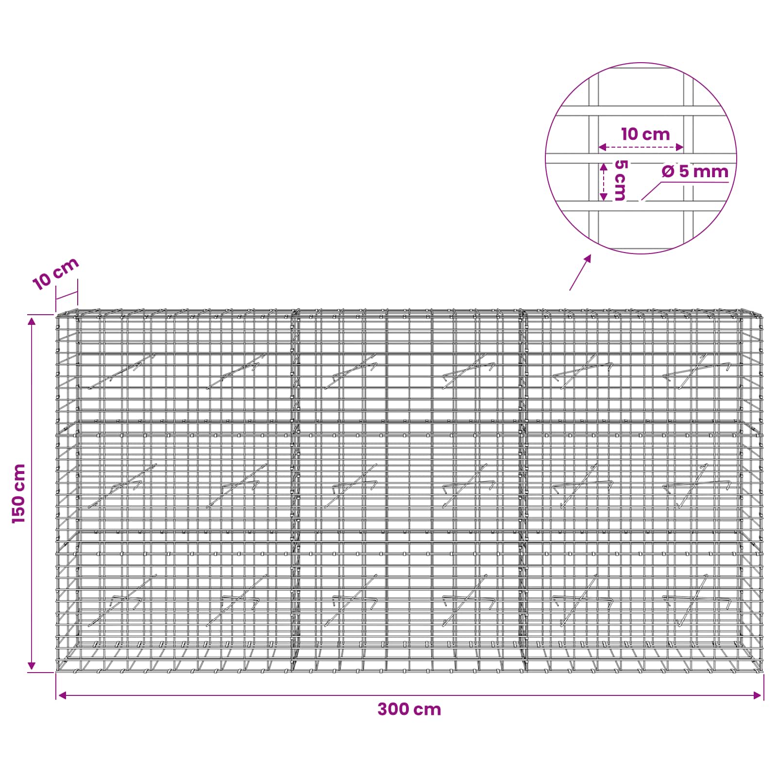 Gabion z žico 5 mm in mrežo 5x10 cm 300x10x150 cm