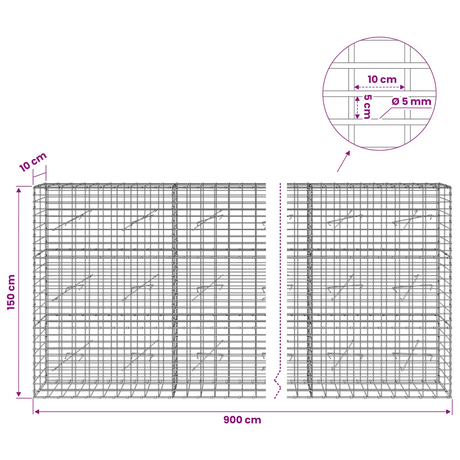 Gabion z žico 5 mm in mrežo 5x10 cm 900x10x150 cm