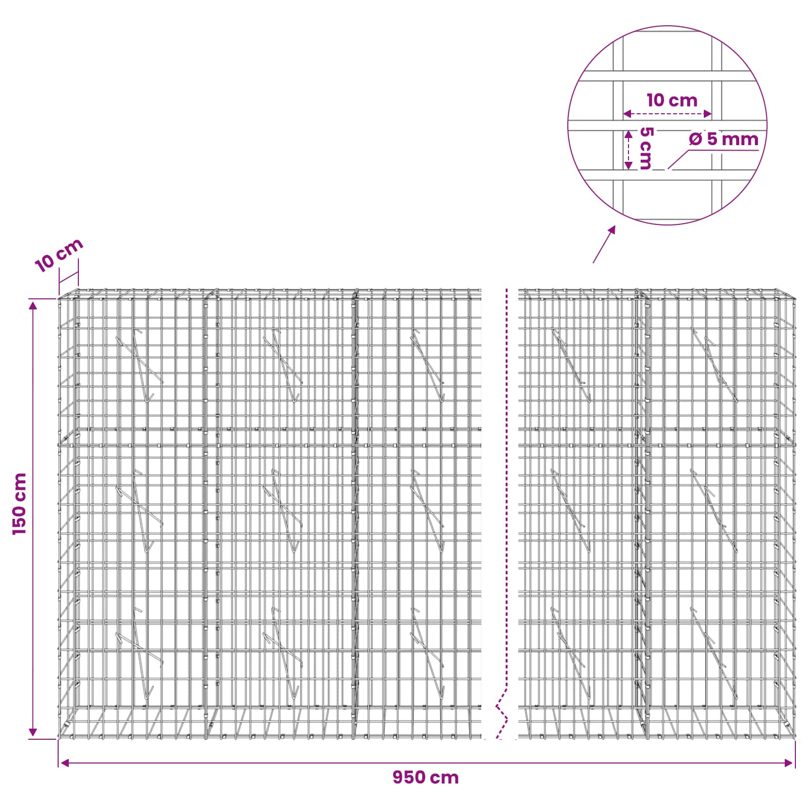 Gabion z žico 5 mm in mrežo 5x10 cm 950x10x150 cm