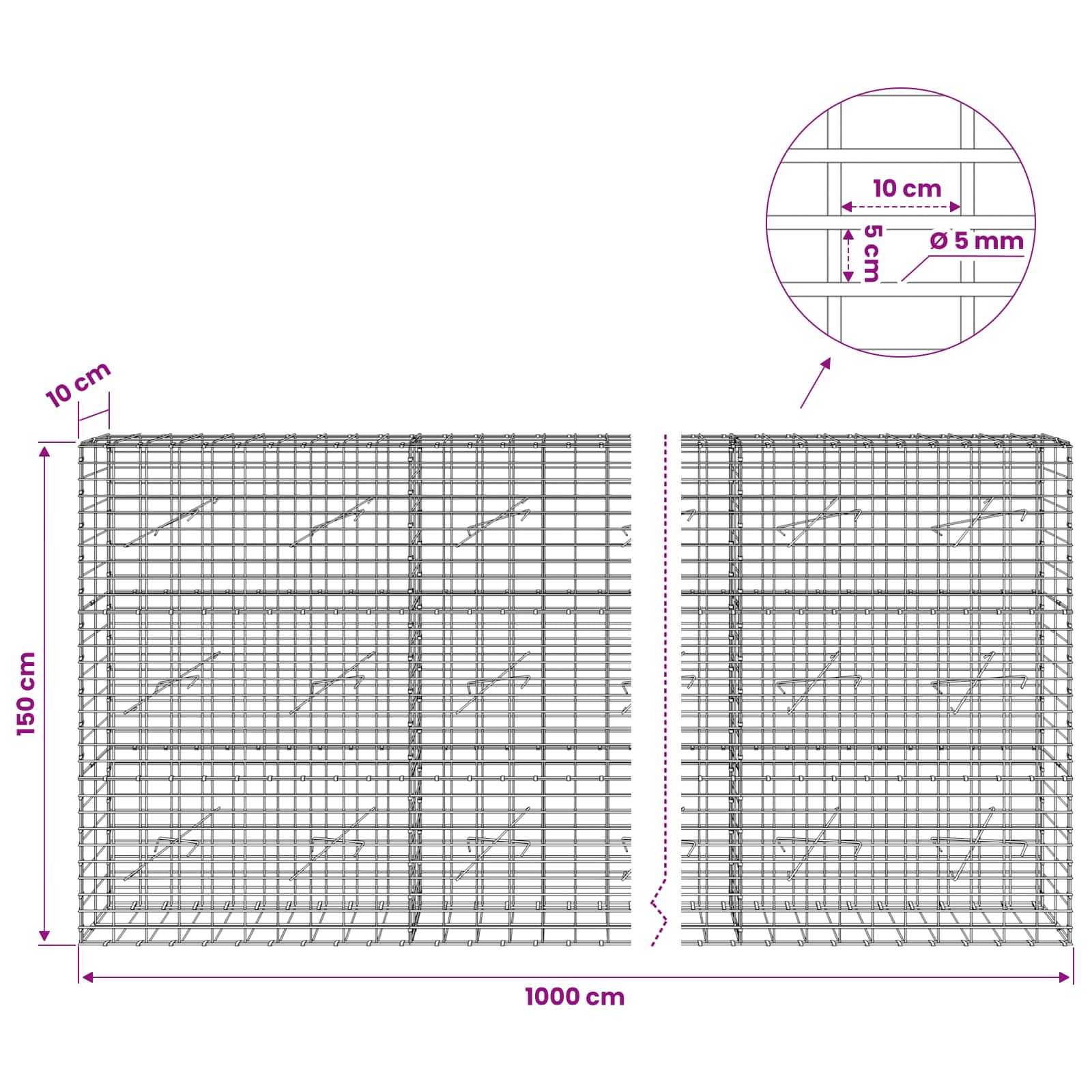 Gabion z žico 5 mm in mrežo 5x10 cm 1000x10x150 cm