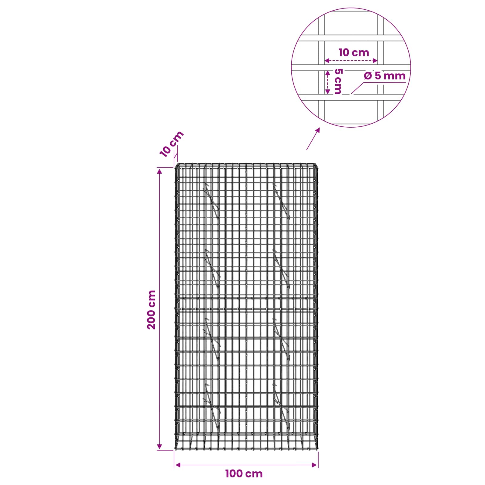 Gabion z žico 5 mm in mrežo 5x10 cm 100x10x200 cm