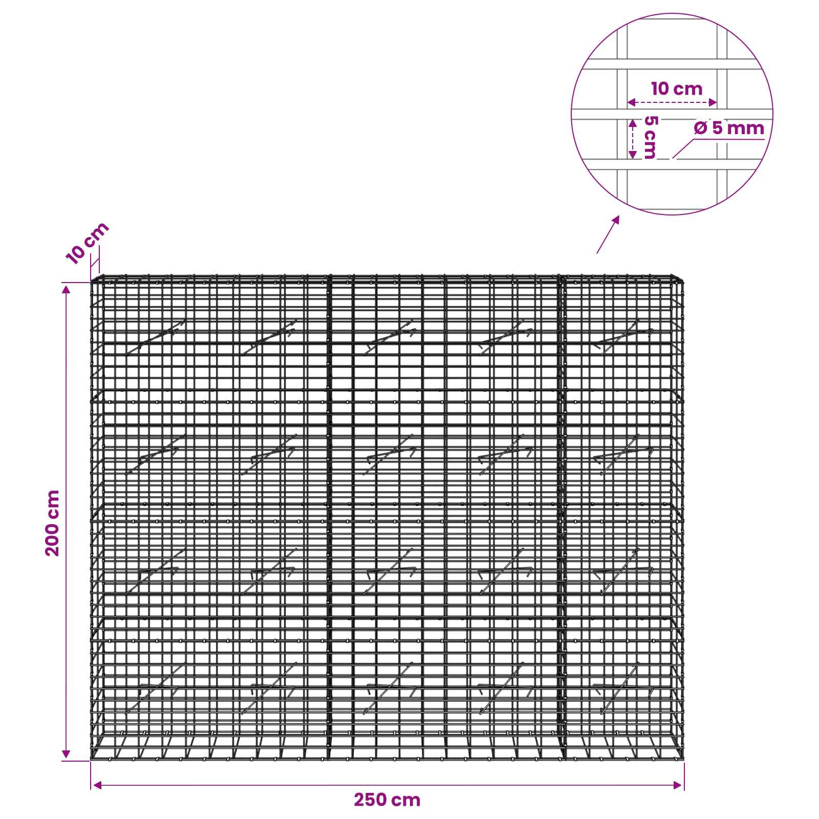 Gabion z žico 5 mm in mrežo 5x10 cm 250x10x200 cm