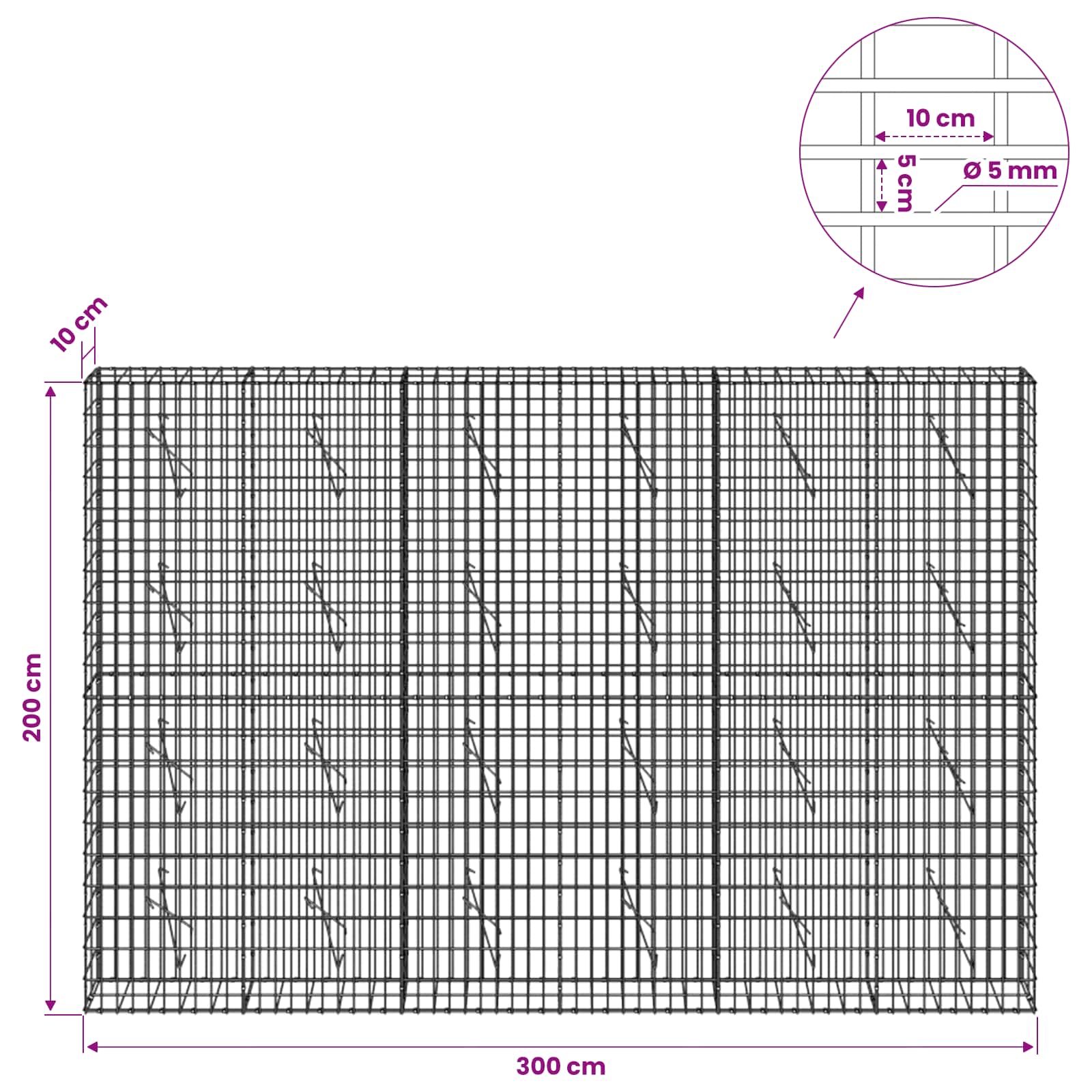 Gabion z žico 5 mm in mrežo 5x10 cm 300x10x200 cm