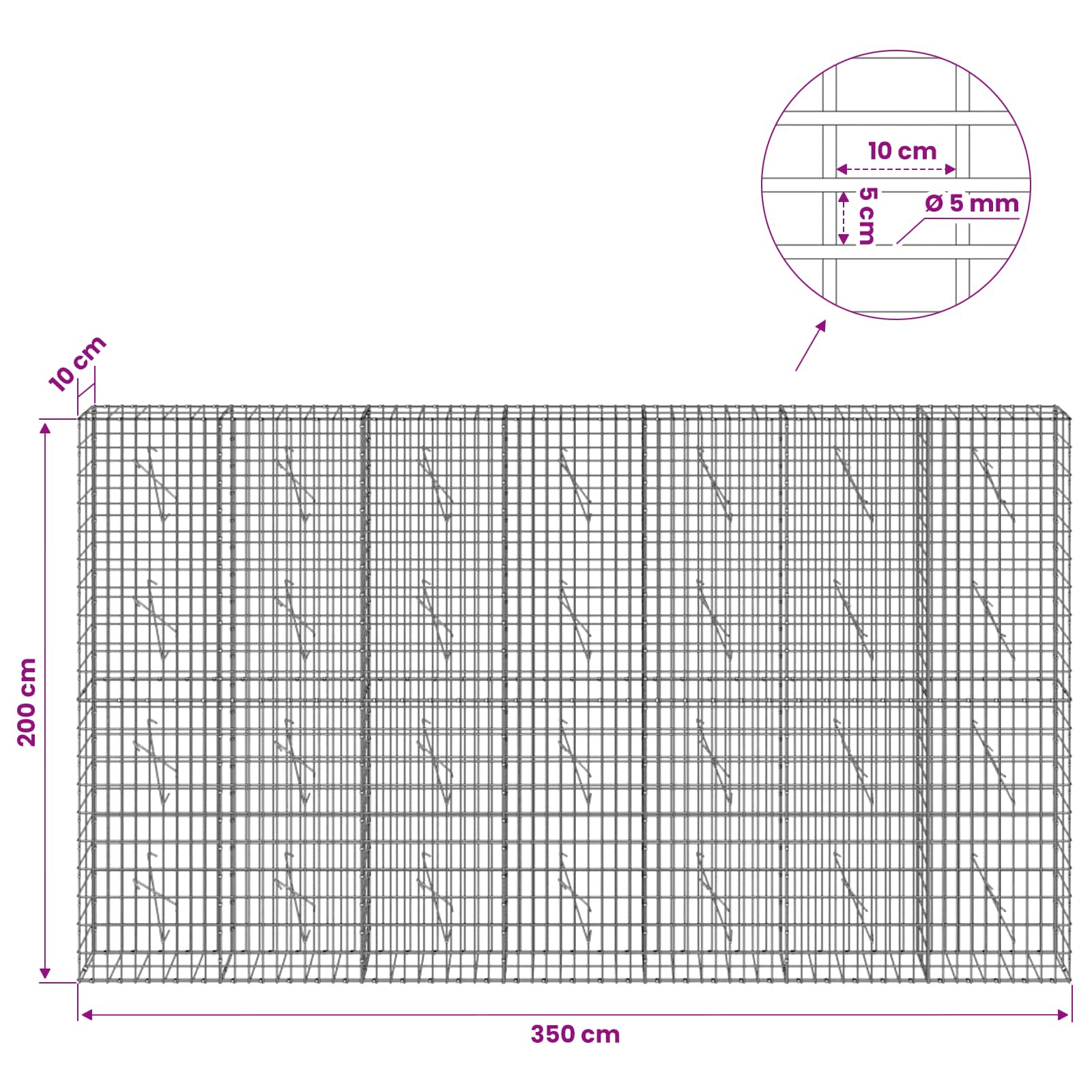 Gabion z žico 5 mm in mrežo 5x10 cm 350x10x200 cm