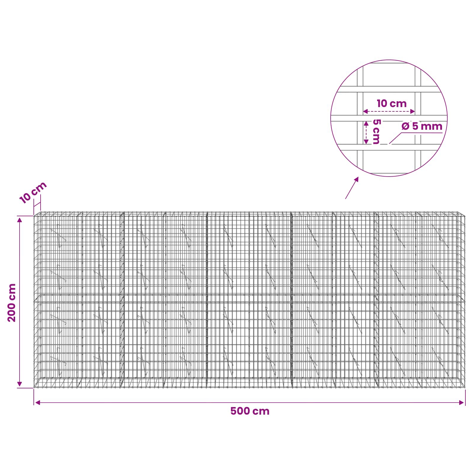 Gabion z žico 5 mm in mrežo 5x10 cm 500x10x200 cm