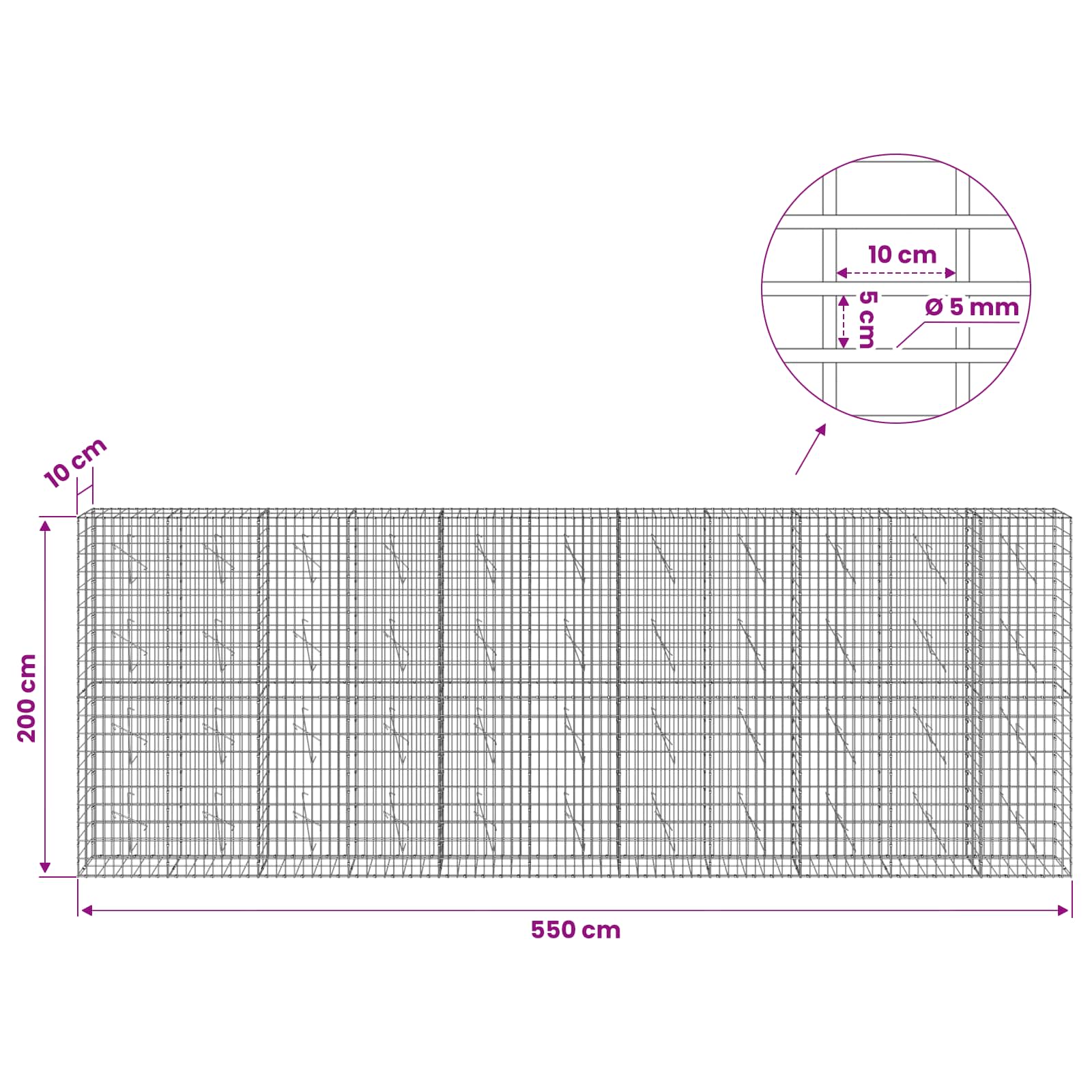 Gabion z žico 5 mm in mrežo 5x10 cm 550x10x200 cm