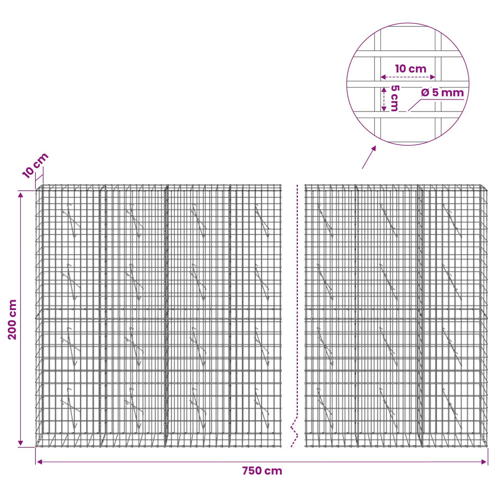 Gabion z žico 5 mm in mrežo 5x10 cm 750x10x200 cm