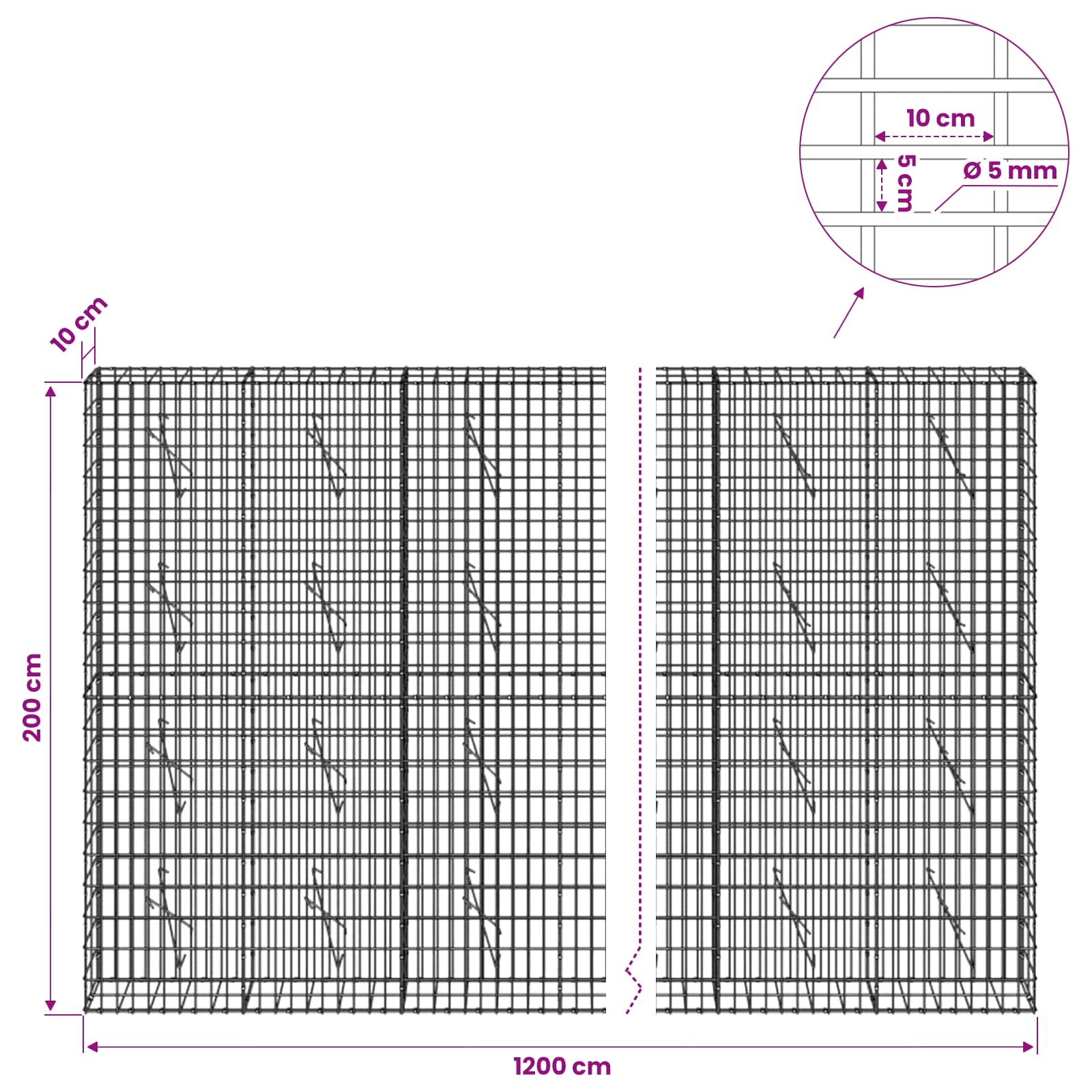Gabion z žico 5 mm in mrežo 5x10 cm 1200x10x200 cm