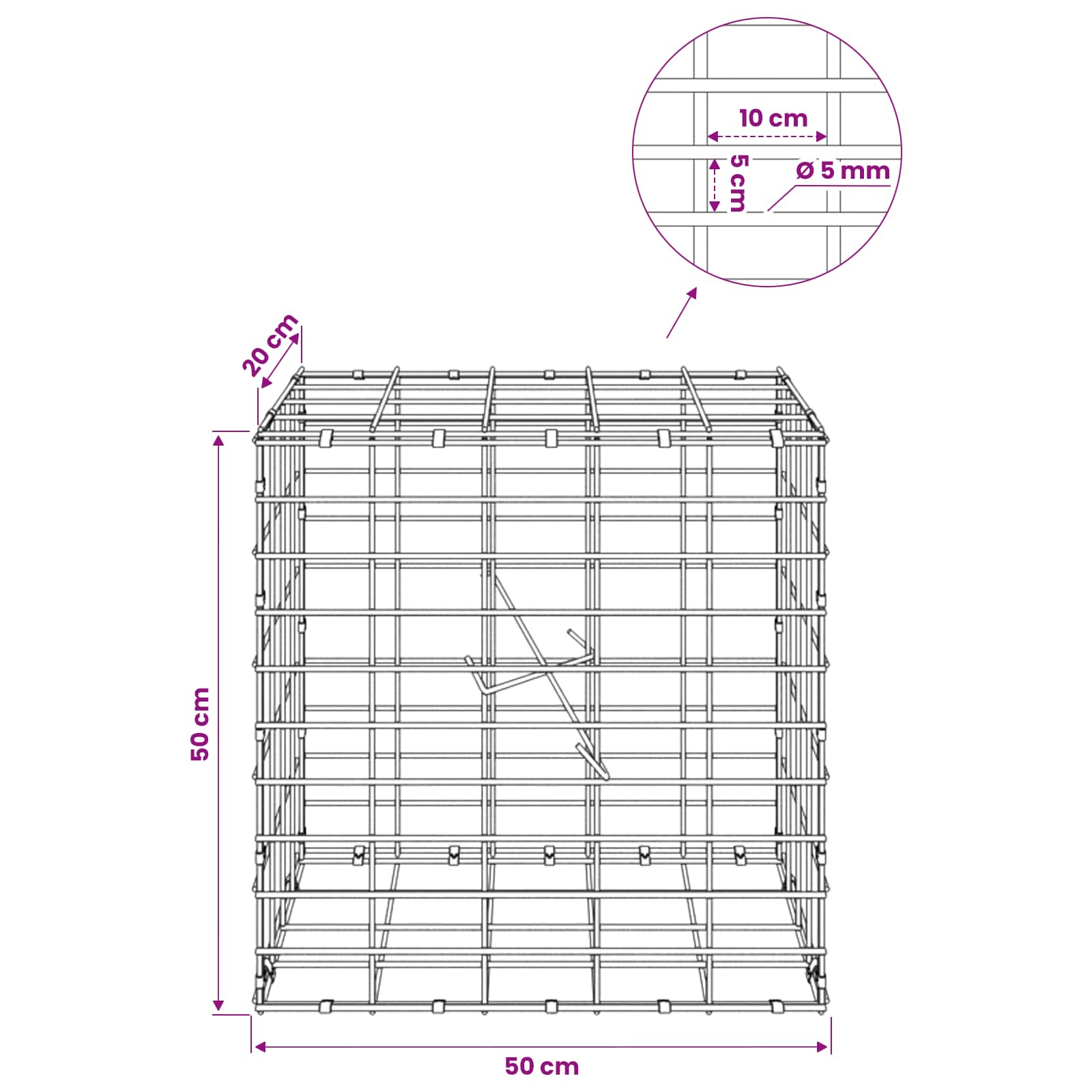 Gabion z žico 5 mm in mrežo 5x10 cm 50x20x50 cm Pocinkano jeklo