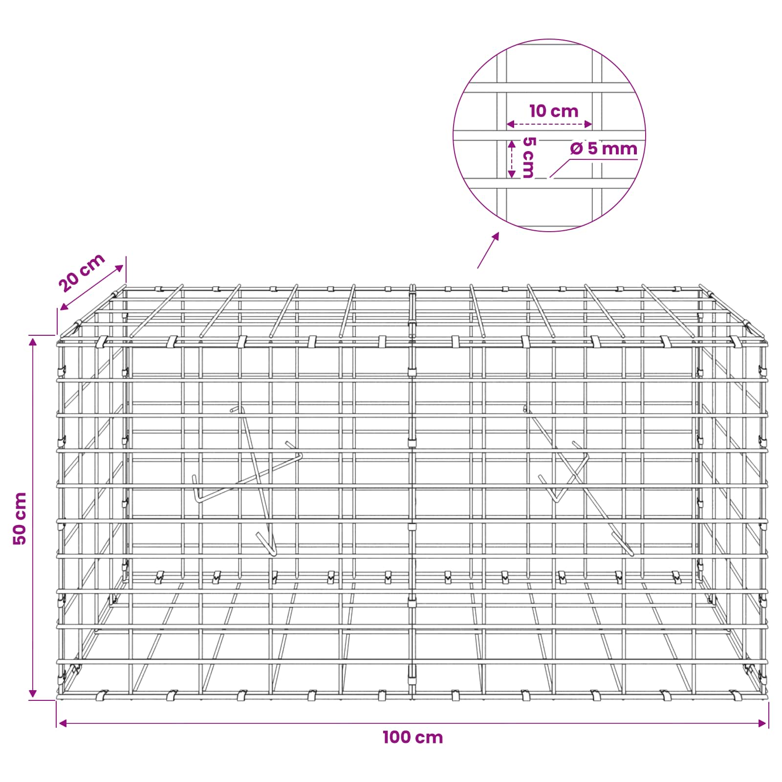 Gabion z žico 5 mm in mrežo 5x10 cm 100x20x50 cm