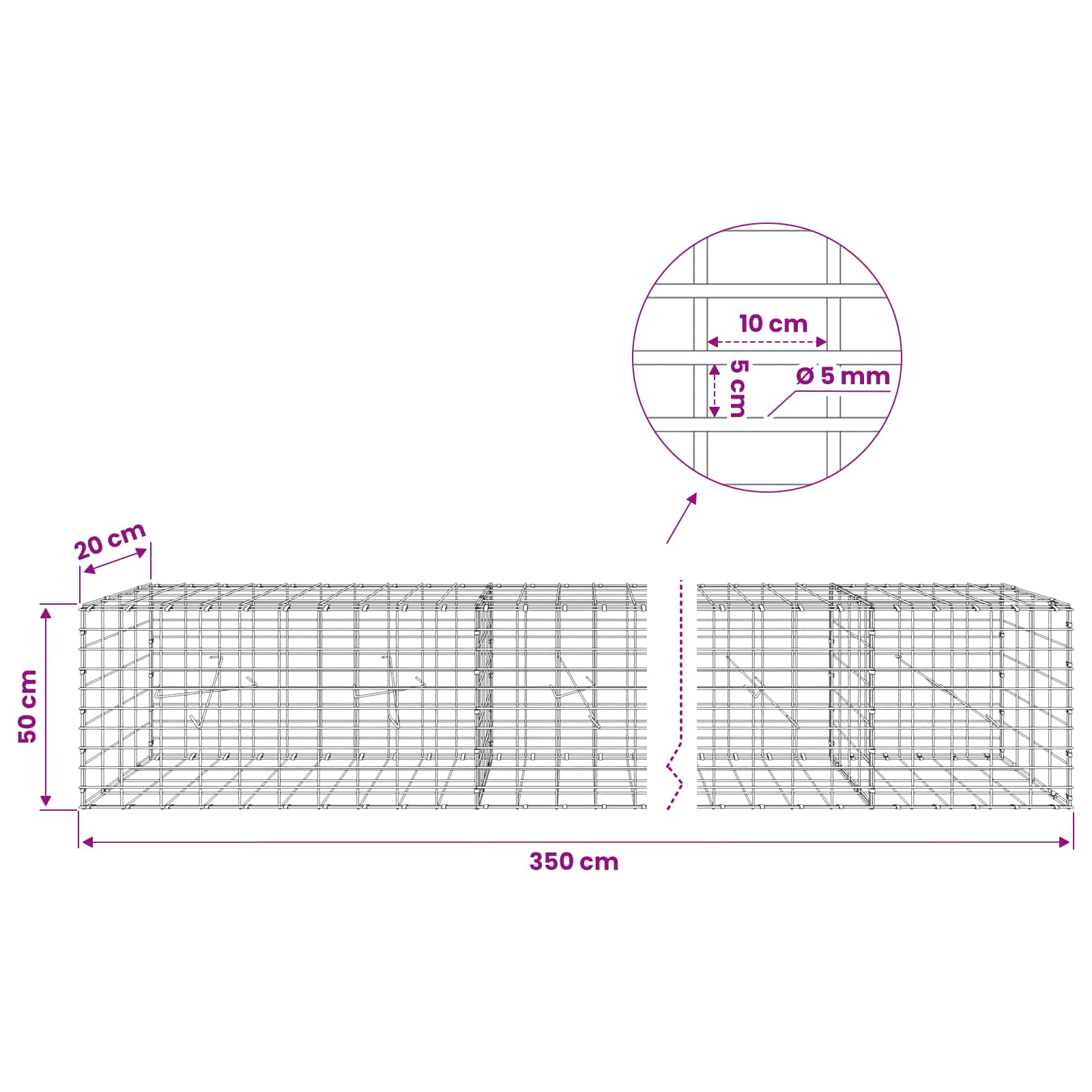 Gabion z žico 5 mm in mrežo 5x10 cm 350x20x50 cm