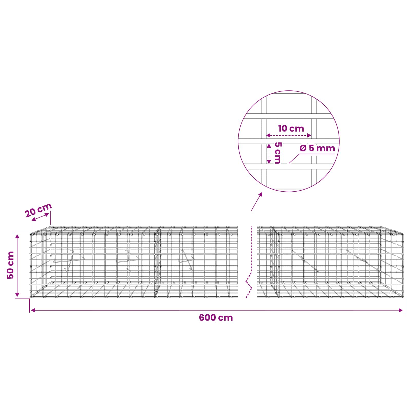 Gabion z žico 5 mm in mrežo 5x10 cm 600x20x50 cm