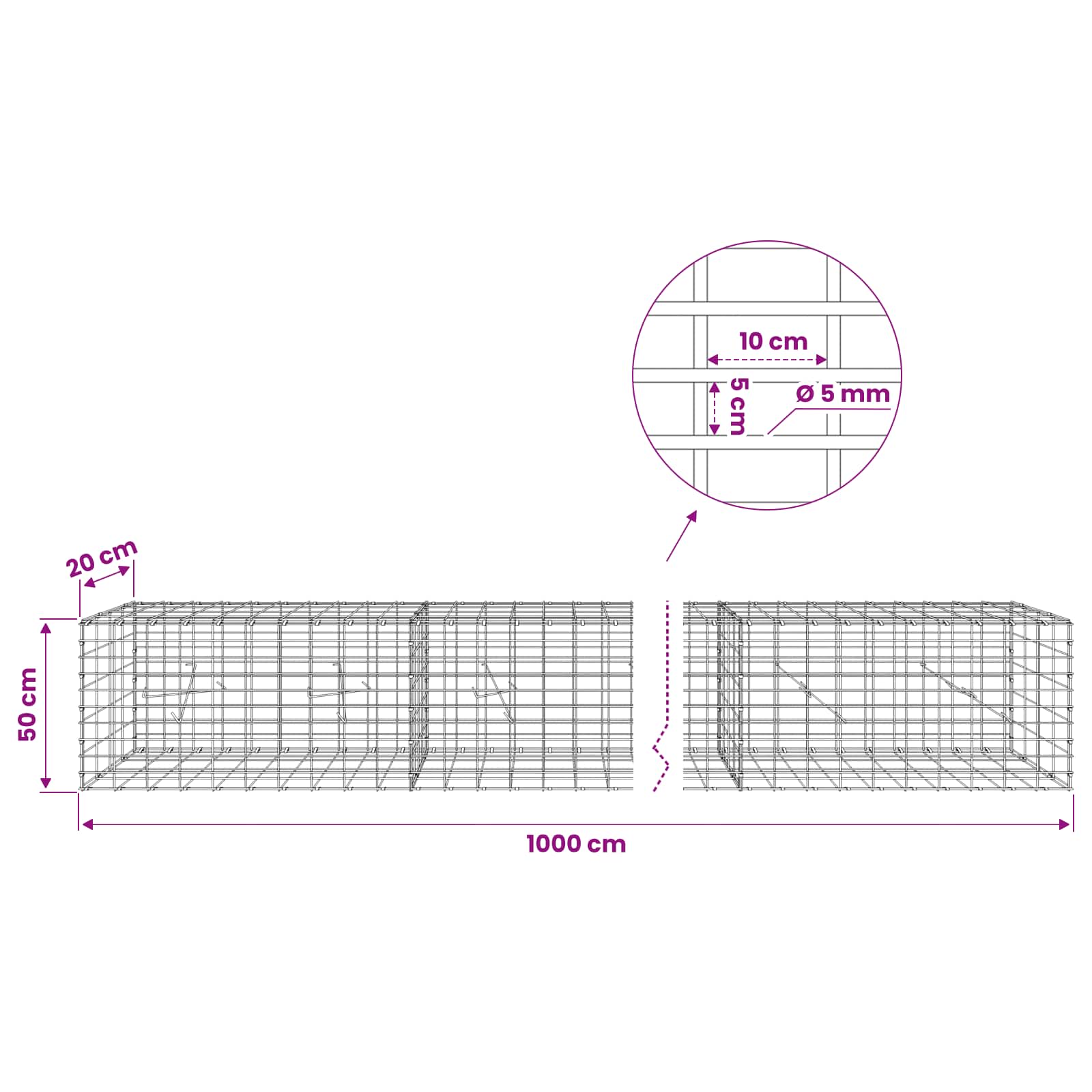 Gabion z žico 5 mm in mrežo 5x10 cm 1000x20x50 cm