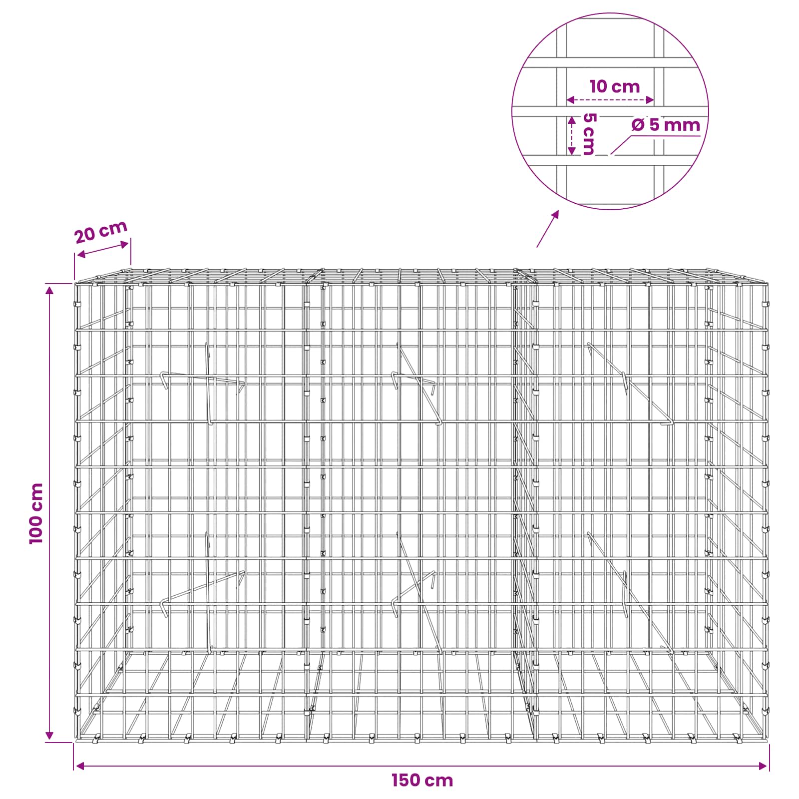 Gabion z žico 5 mm in mrežo 5x10 cm 150x20x100 cm