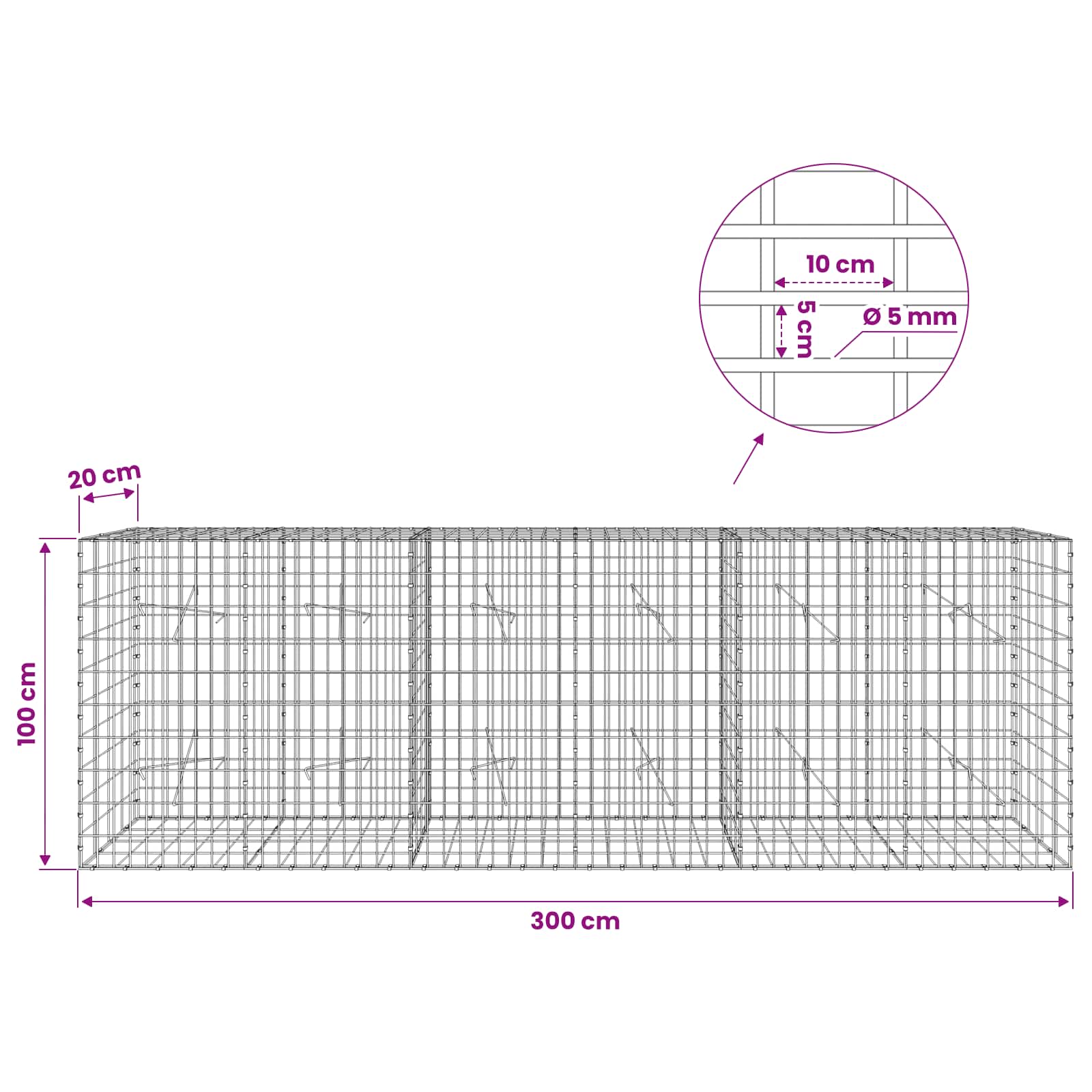 Gabion z žico 5 mm in mrežo 5x10 cm 300x20x100 cm