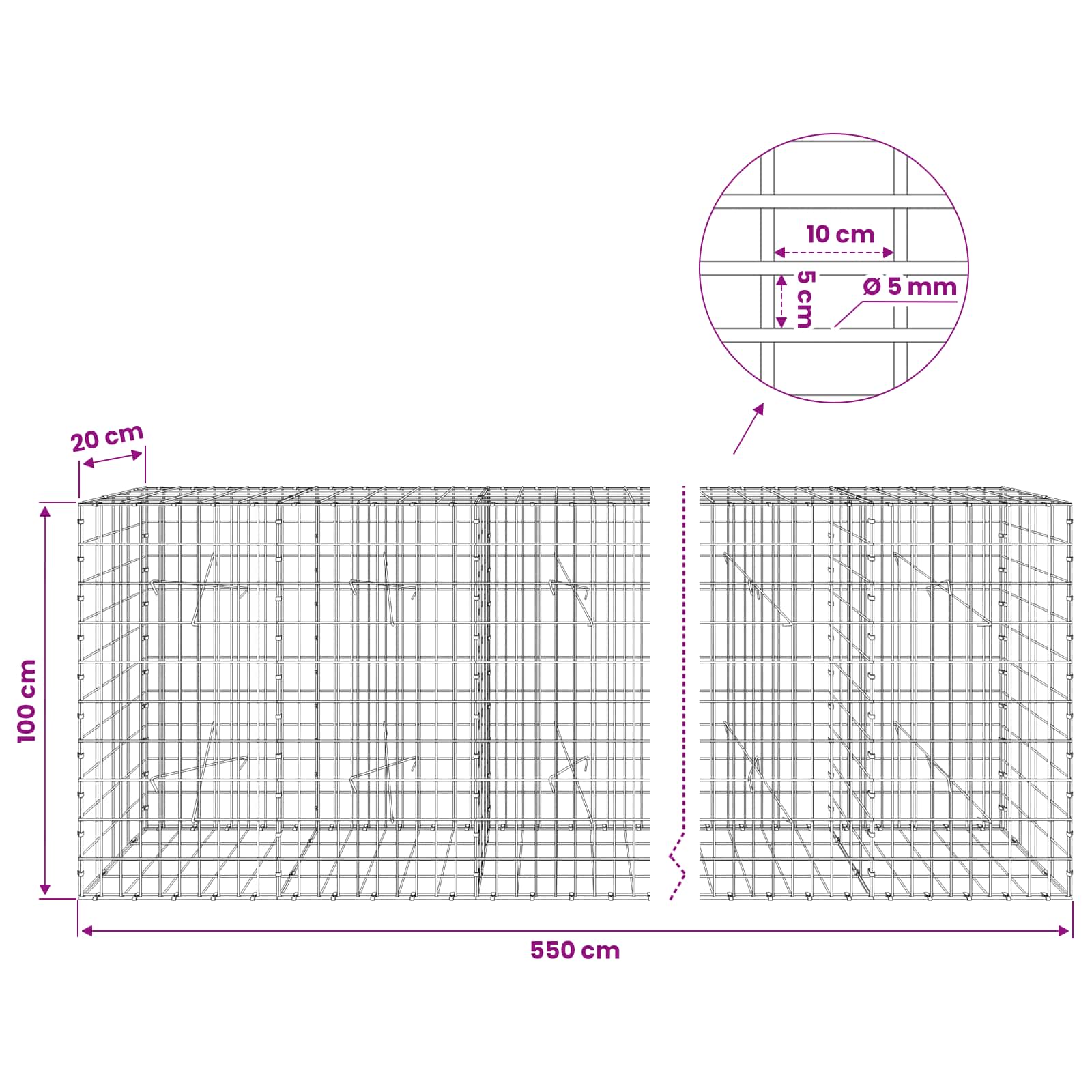 Gabion z žico 5 mm in mrežo 5x10 cm 550x20x100 cm