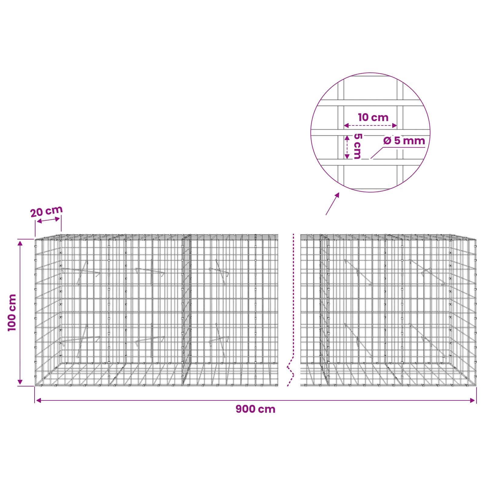Gabion z žico 5 mm in mrežo 5x10 cm 900x20x100 cm