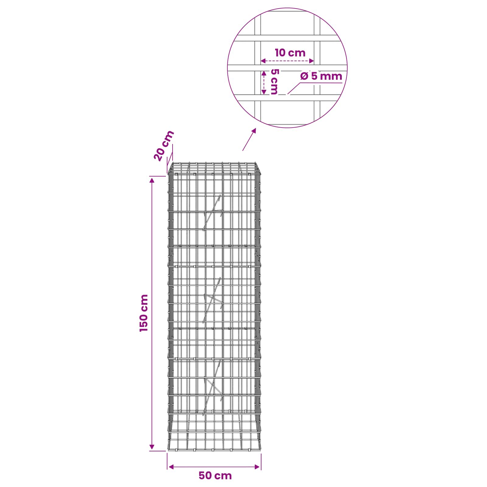 Gabion z žico 5 mm in mrežo 5x10 cm 50x20x150 cm