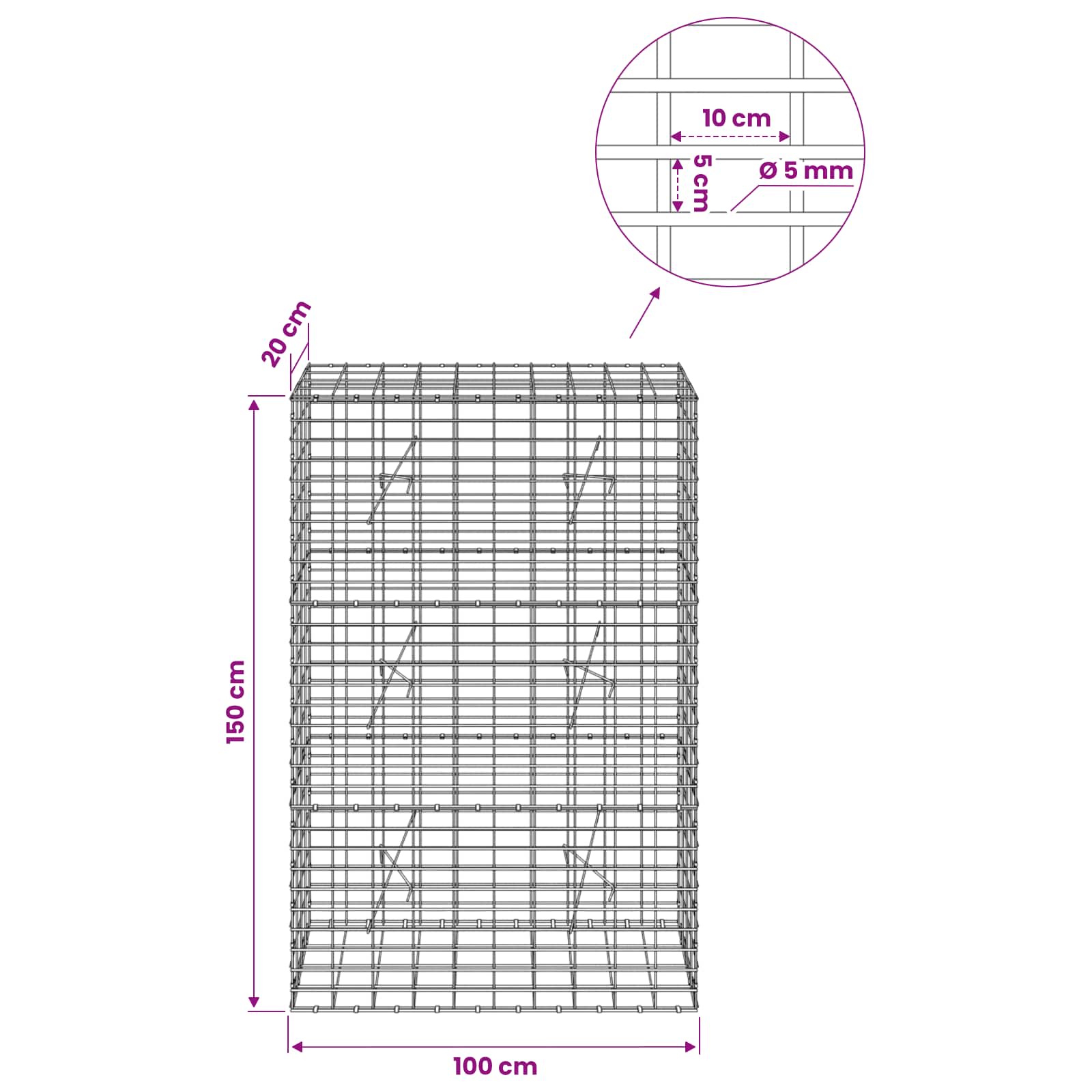 Gabion z žico 5 mm in mrežo 5x10 cm 100x20x150 cm
