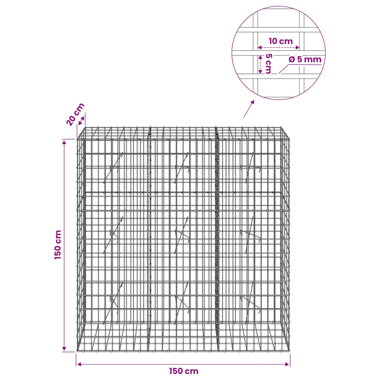 Gabion z žico 5 mm in mrežo 5x10 cm 150x20x150 cm