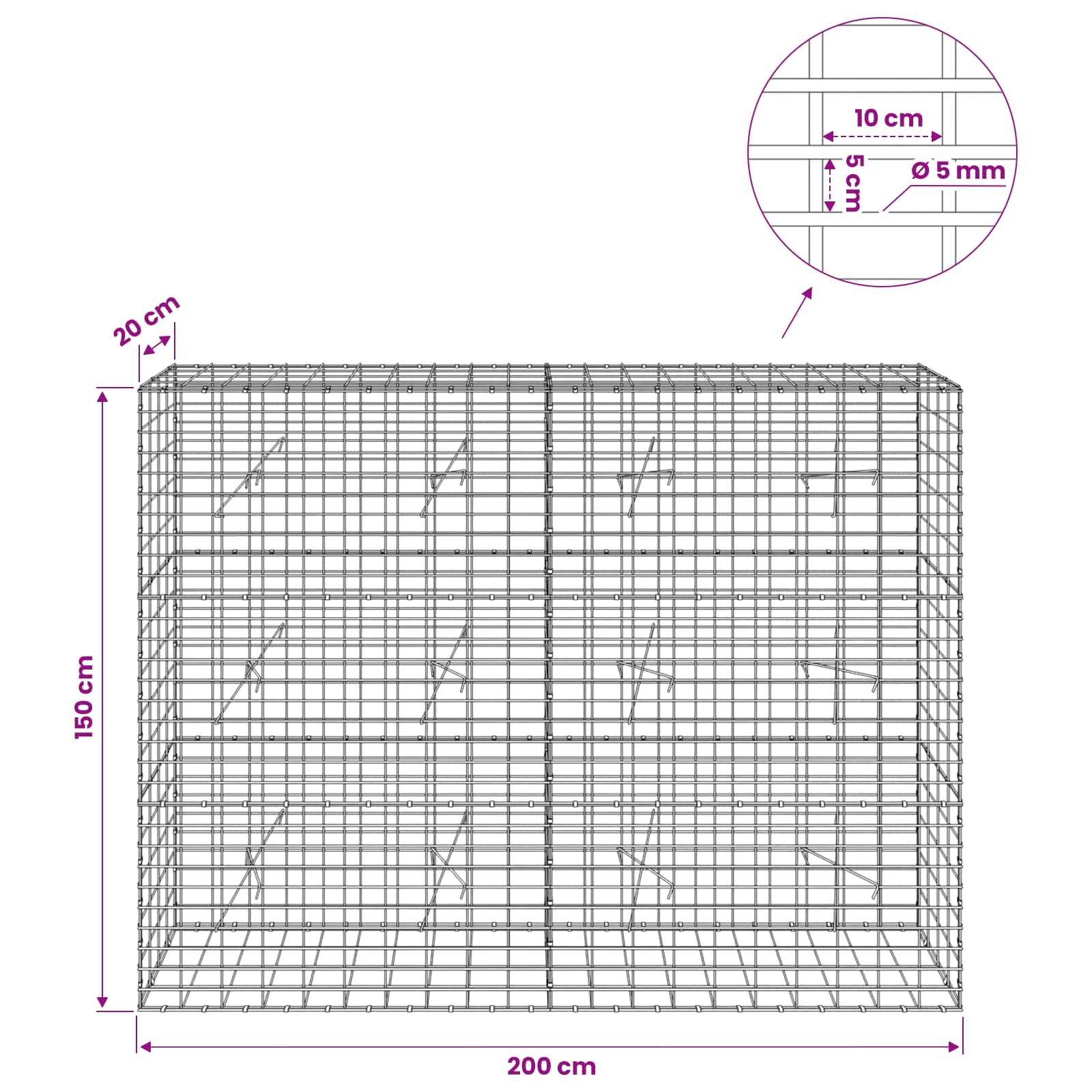 Gabion z žico 5 mm in mrežo 5x10 cm 200x20x150 cm