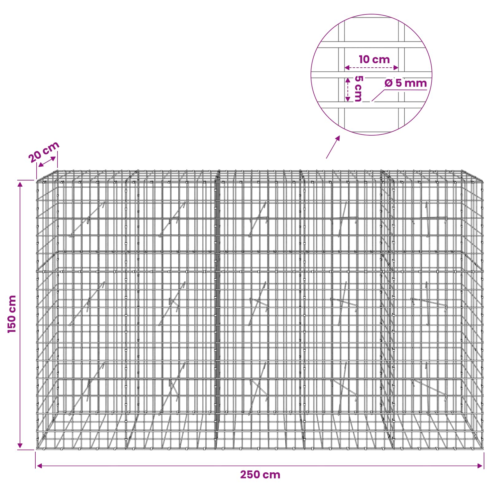 Gabion z žico 5 mm in mrežo 5x10 cm 250x20x150 cm