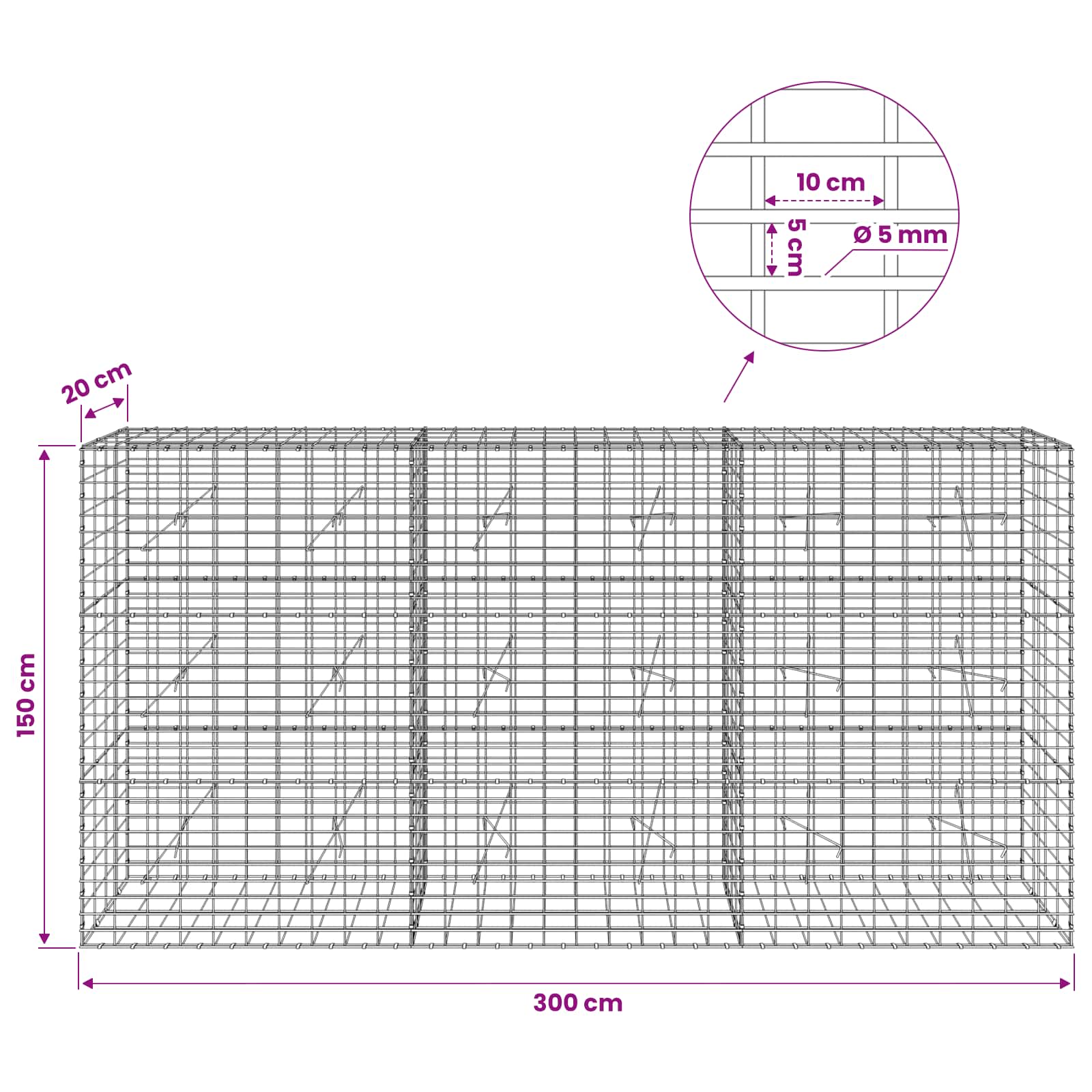 Gabion z žico 5 mm in mrežo 5x10 cm 300x20x150 cm