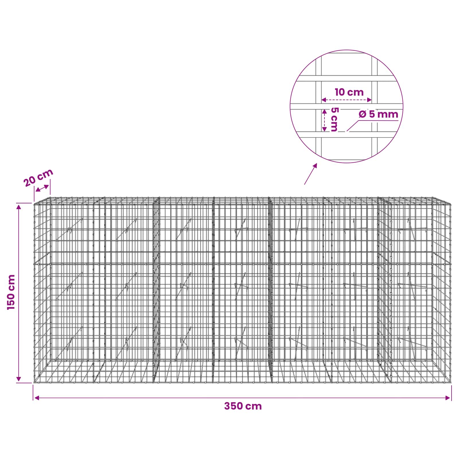 Gabion z žico 5 mm in mrežo 5x10 cm 350x20x150 cm