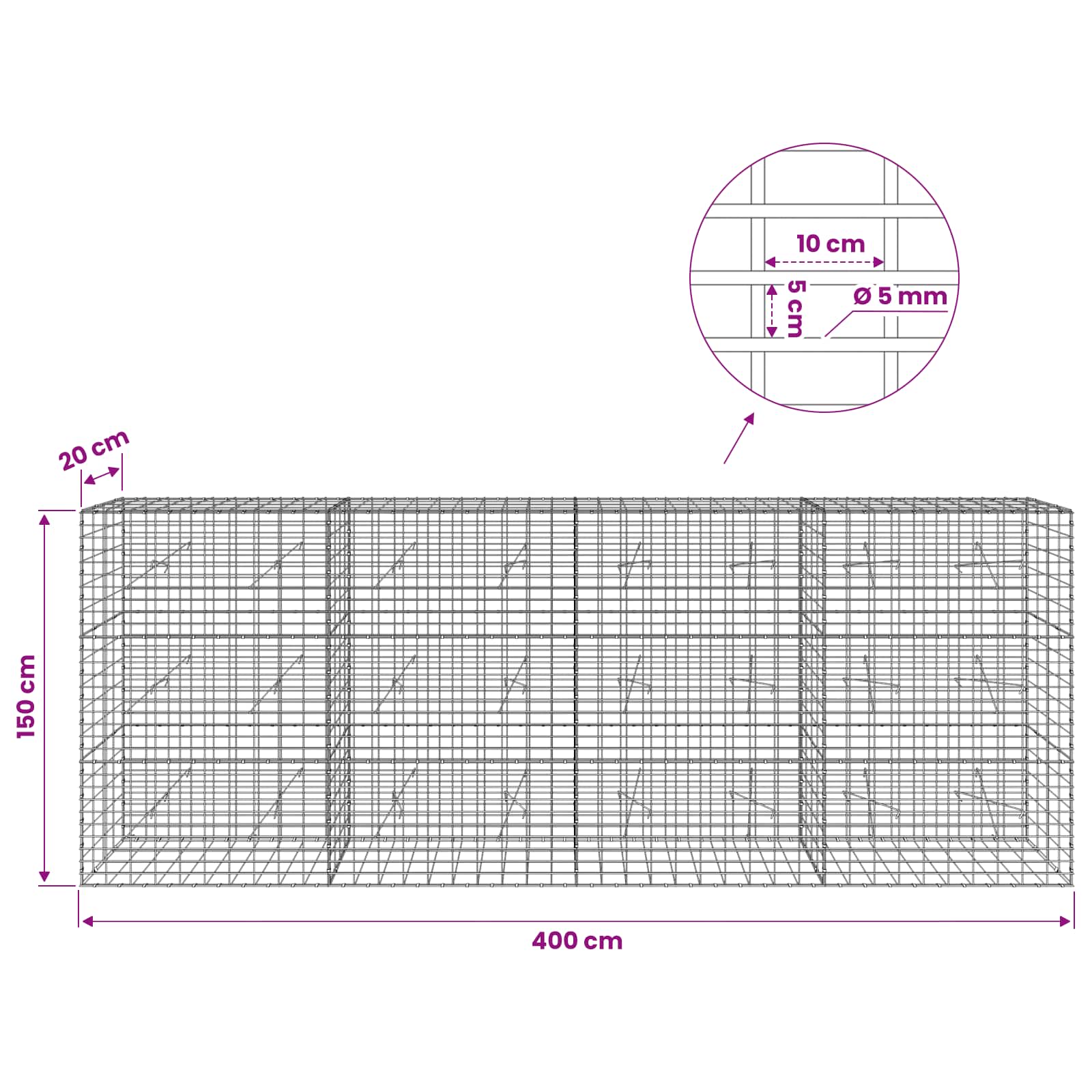 Gabion z žico 5 mm in mrežo 5x10 cm 400x20x150 cm